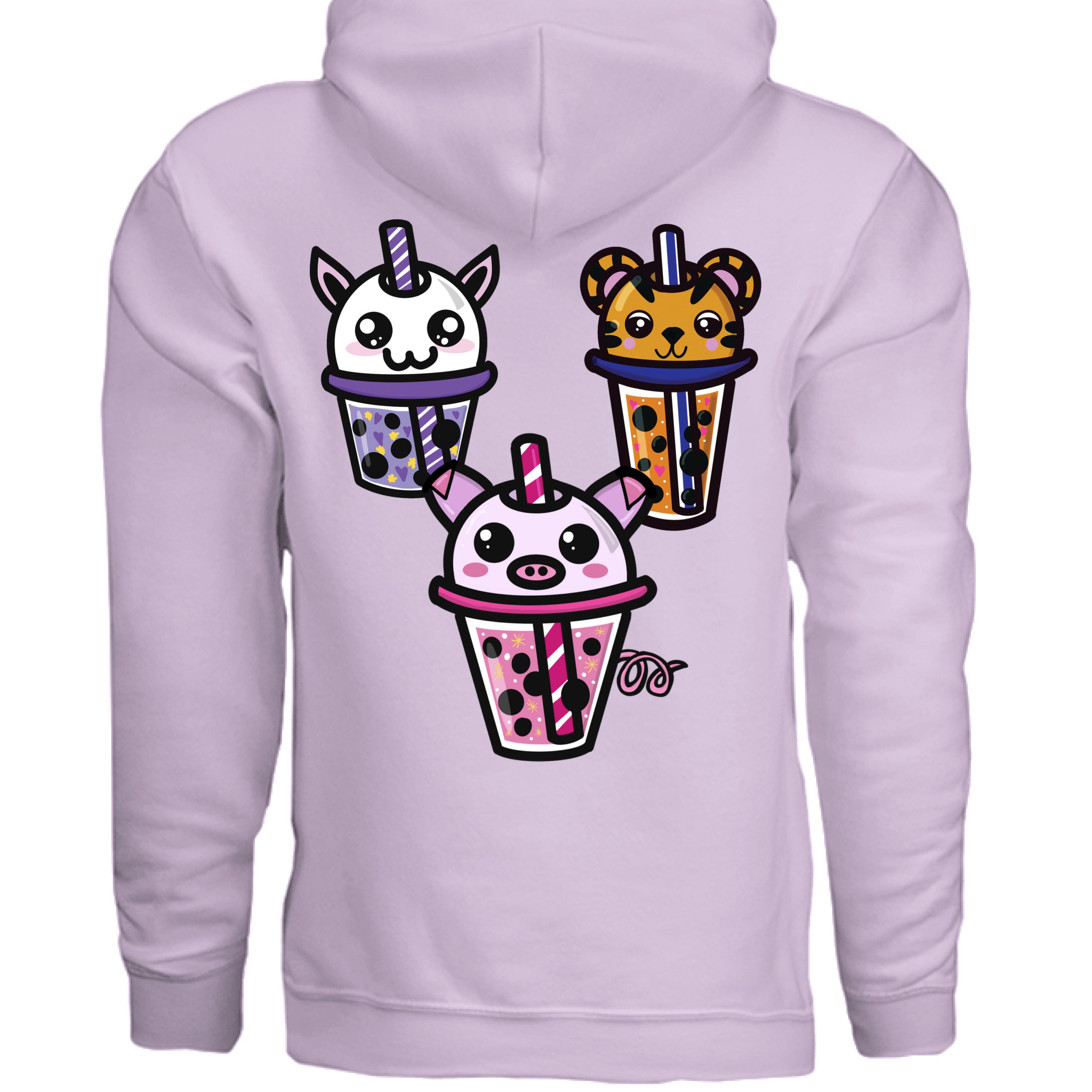 This is the Orchid Boba Friends Hoodie by Dazzle & Daggers Design.This is the back,three kawaii designs.The Piggy Boba is pink all over and the glass has pink liquid, boba, yellow sparkles,white dots and peppermint swirl like.Thai Tea Tiger is orange,orange liquid,black boba,white dots,red hearts,blue and white striped straw.The Cryptid Boba is white, urple and white swirl straw,purple liquid,black boba,yellow stars and purple hearts.The hood with drawstrings and large pocket below the design.