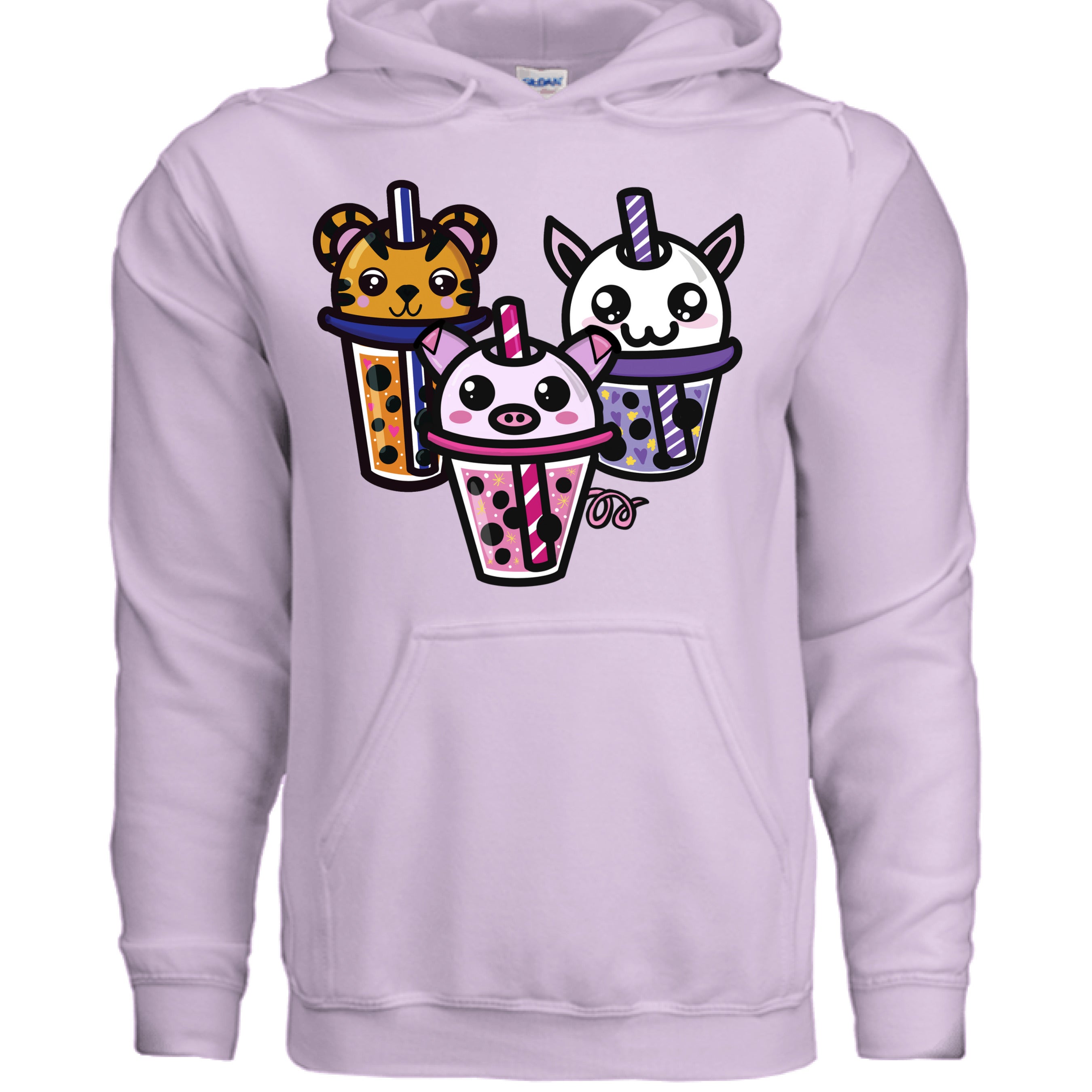 This is the Orchid Boba Friends Hoodie by Dazzle & Daggers Design.This is the front,three kawaii designs.The Piggy Boba is pink all over and the glass has pink liquid, boba, yellow sparkles,white dots and peppermint swirl like.Thai Tea Tiger is orange,orange liquid,black boba,white dots,red hearts,blue and white striped straw.The Cryptid Boba is white, urple and white swirl straw,purple liquid,black boba,yellow stars and purple hearts.The hood with drawstrings and large pocket below the design.