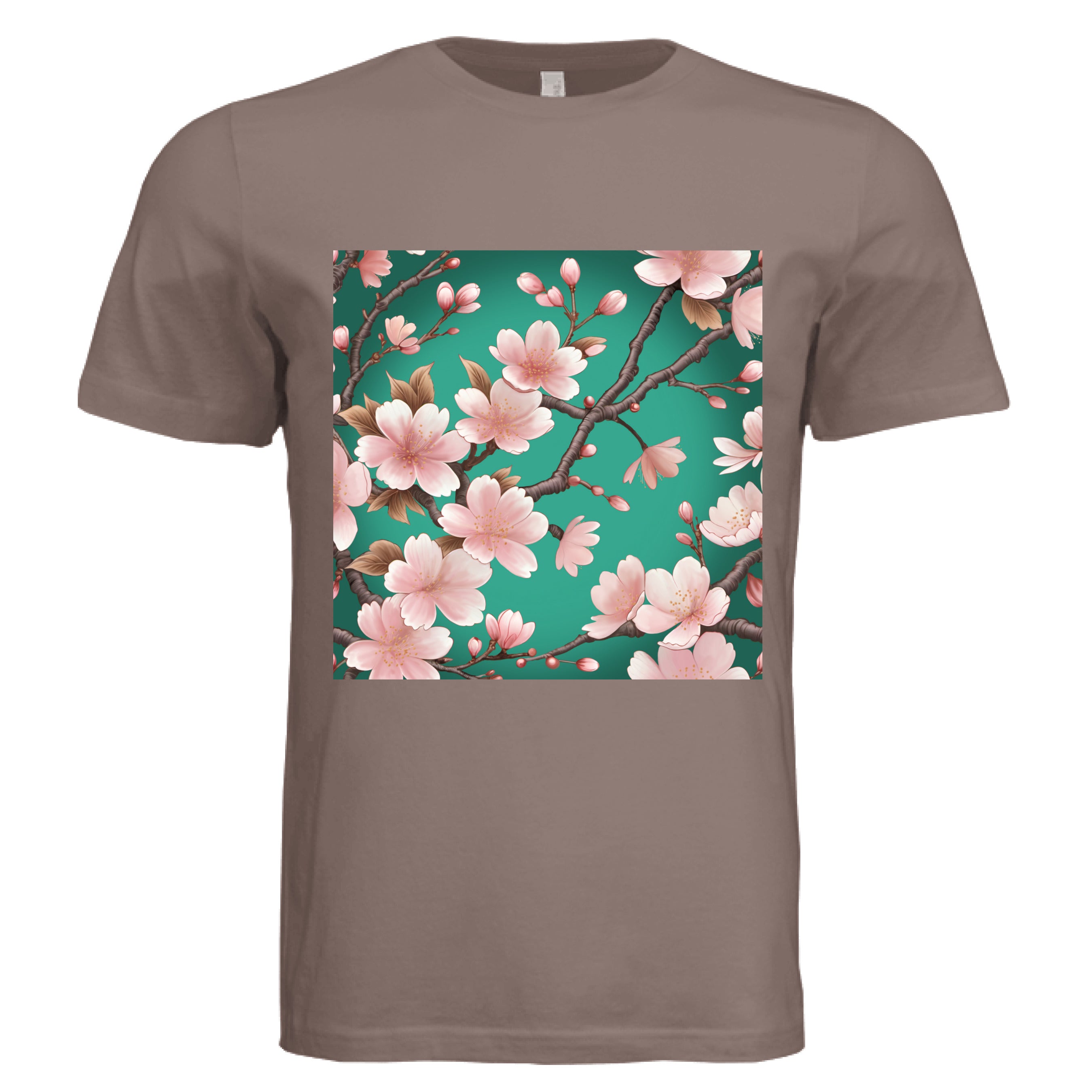 This is the Pebble Brown Sakura T-Shirt by Lee Hansheng Studios. This is showcasing the front of the shirt. The illustration has a vibrant green background with soft pink cherry blossom blooms of petals on dark brown/grey branches celebrating hanami season. There are fully bloomed flowers and some buds throughout. The white size tag can be seen from the back. The image is from the chest to above the belly button. It is against a white background.