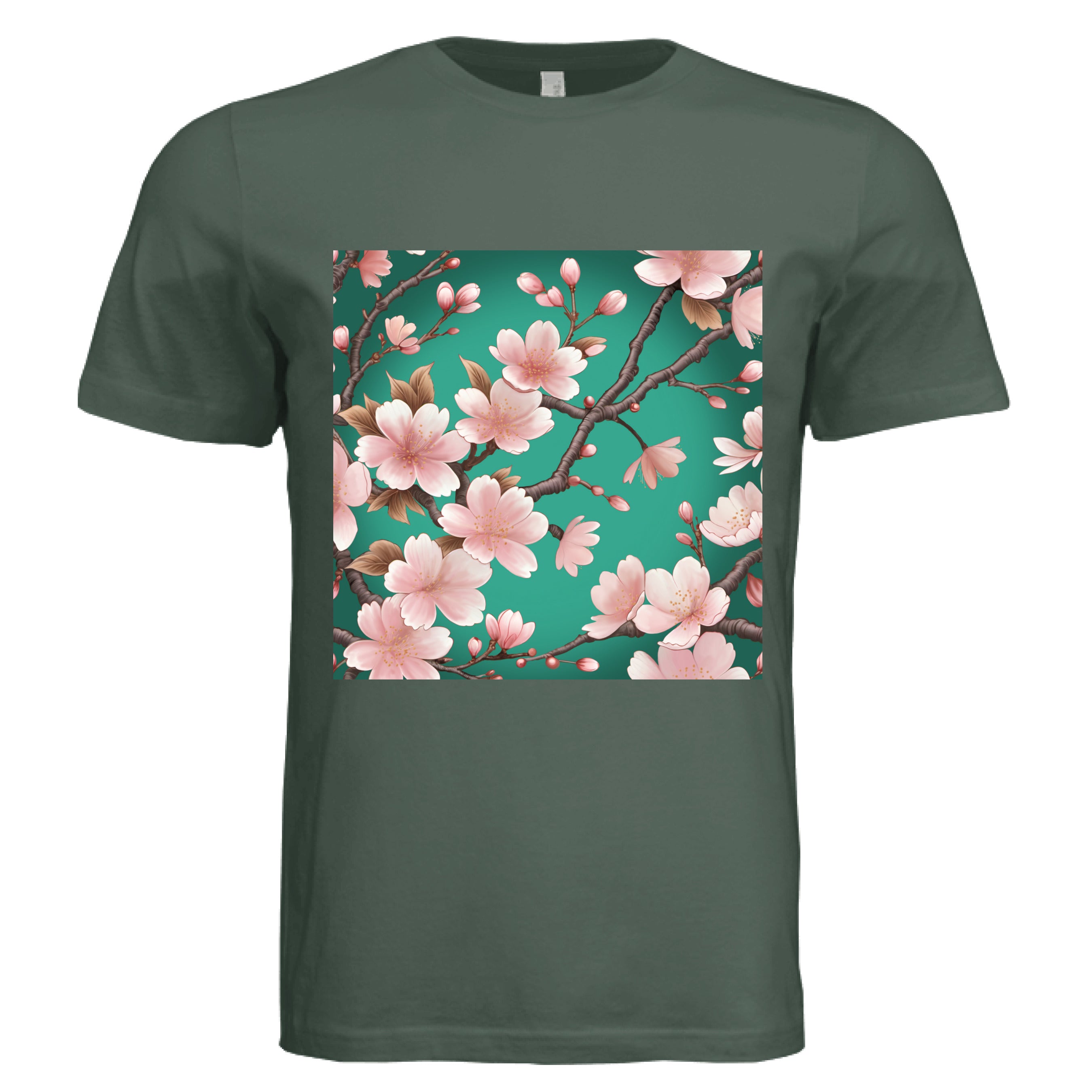 This is the Pine Sakura T-Shirt by Lee Hansheng Studios. This is showcasing the front of the shirt. The illustration has a vibrant green background with soft pink cherry blossom blooms of petals on dark brown/grey branches celebrating hanami season. There are fully bloomed flowers and some buds throughout. The white size tag can be seen from the back. The image is from the chest to above the belly button. It is against a white background.