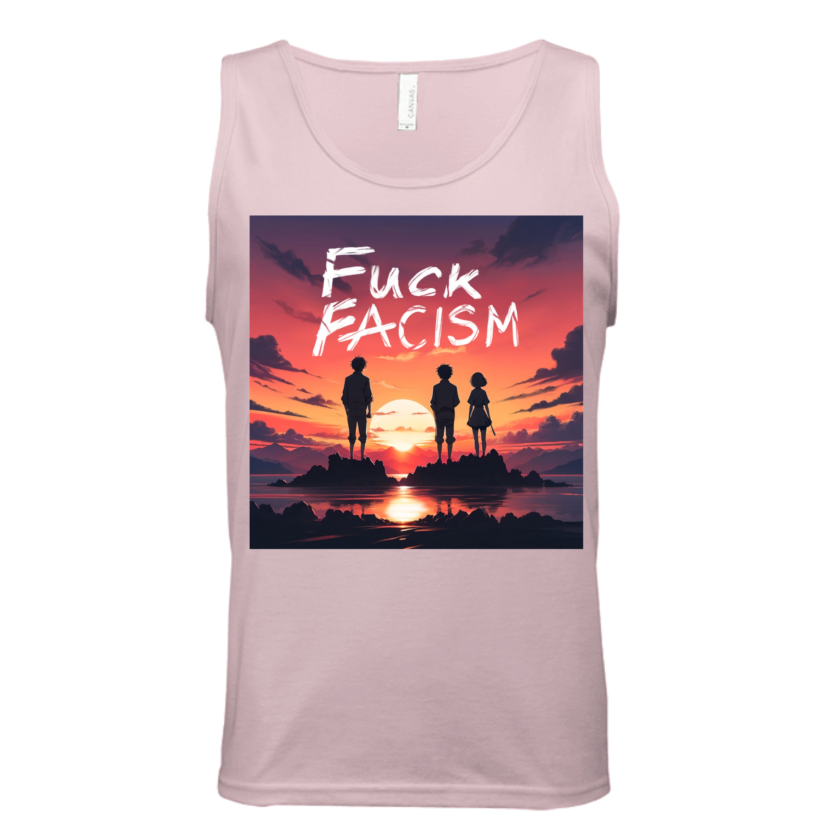 This is the Pink Fuck Fascism Tank by Lee Hansheng Studios. This is showcasing the front of the tank. The illustration has a blazing yellow/red sunset sky, three figures, two guys, one lady stand united, their silhouettes facing towards the sunset on rocky land floating in the middle of the water. The words in white, "FUCK FACISM" near the top. Clouds surrounding the right and left of the tank. The white size label can be seen from the back of the tank. It is against a white background.