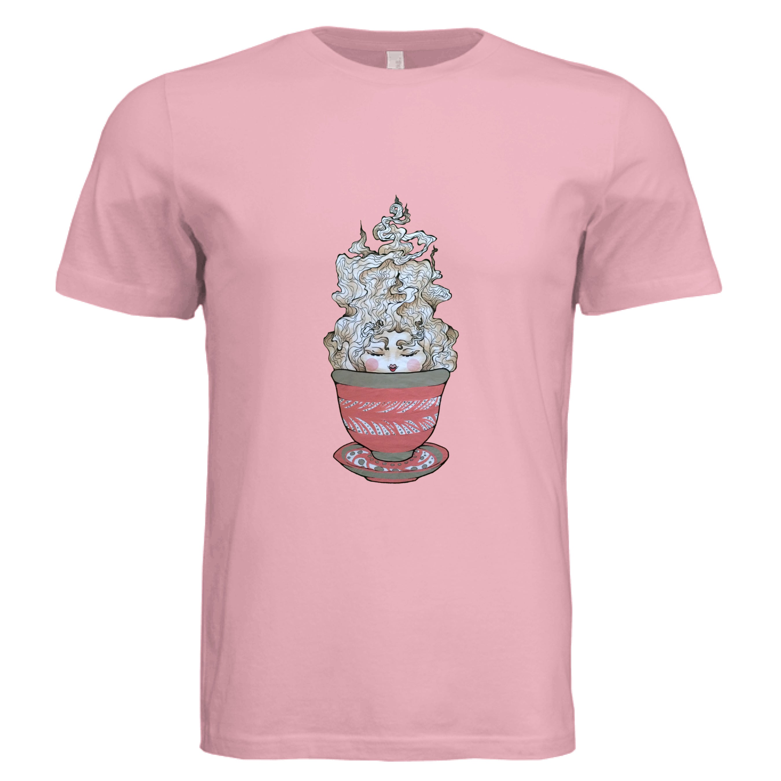 This is the Pink Green Tea T-Shirt by Chris Foster Design. This is showcasing the front of the shirt. The illustration is a tea sprite. There's a woman's face with curly hair/steam that is white and tan/beige inside an intricately designed pink/red teacup with a saucer that has white and black dashes or swirl patterns. The size label can be seen from the front and inside of t-shirt. The shirt is against a white background.