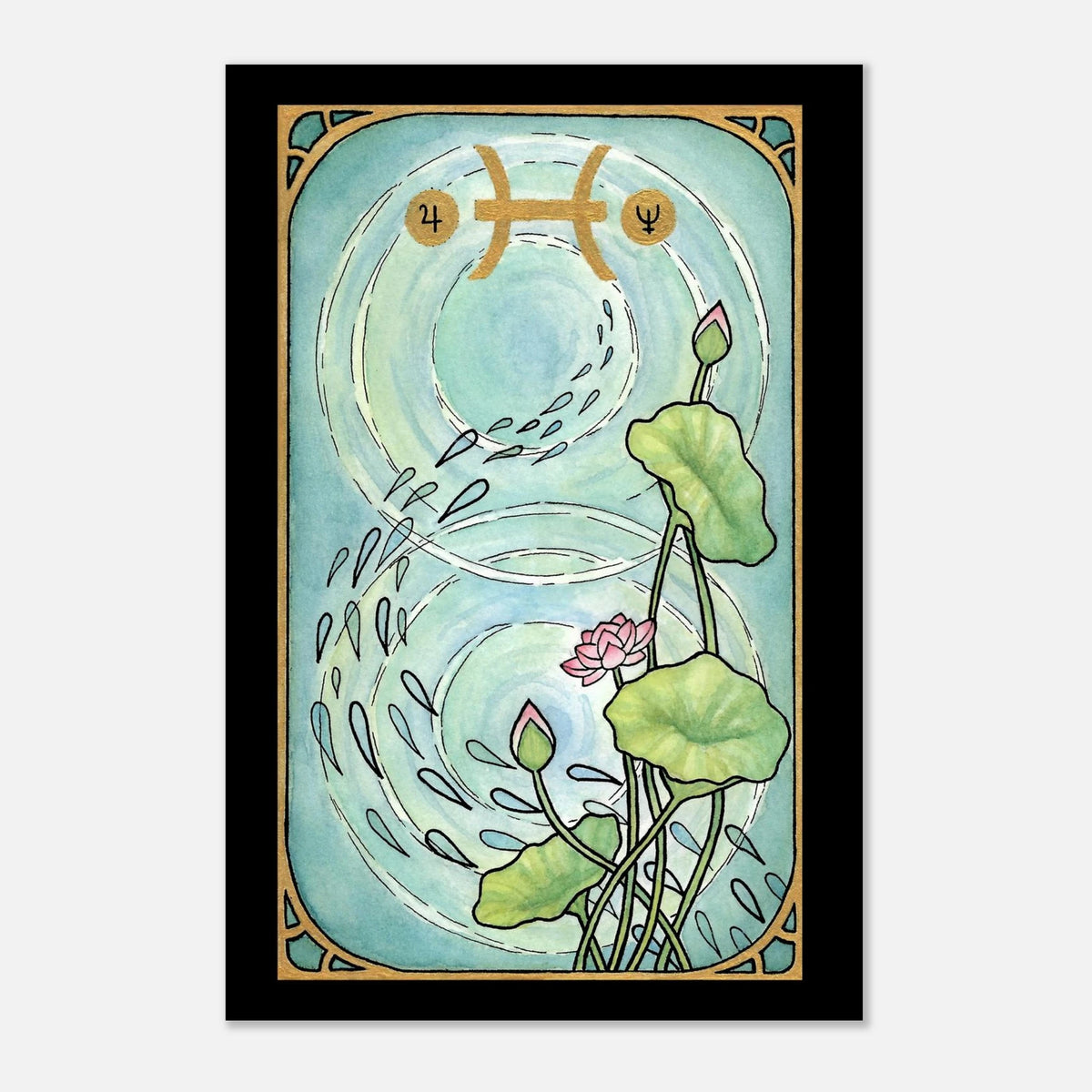 Close-up of the Pisces poster’s textured paper surface revealing subtle brushstroke details and vibrant color accents