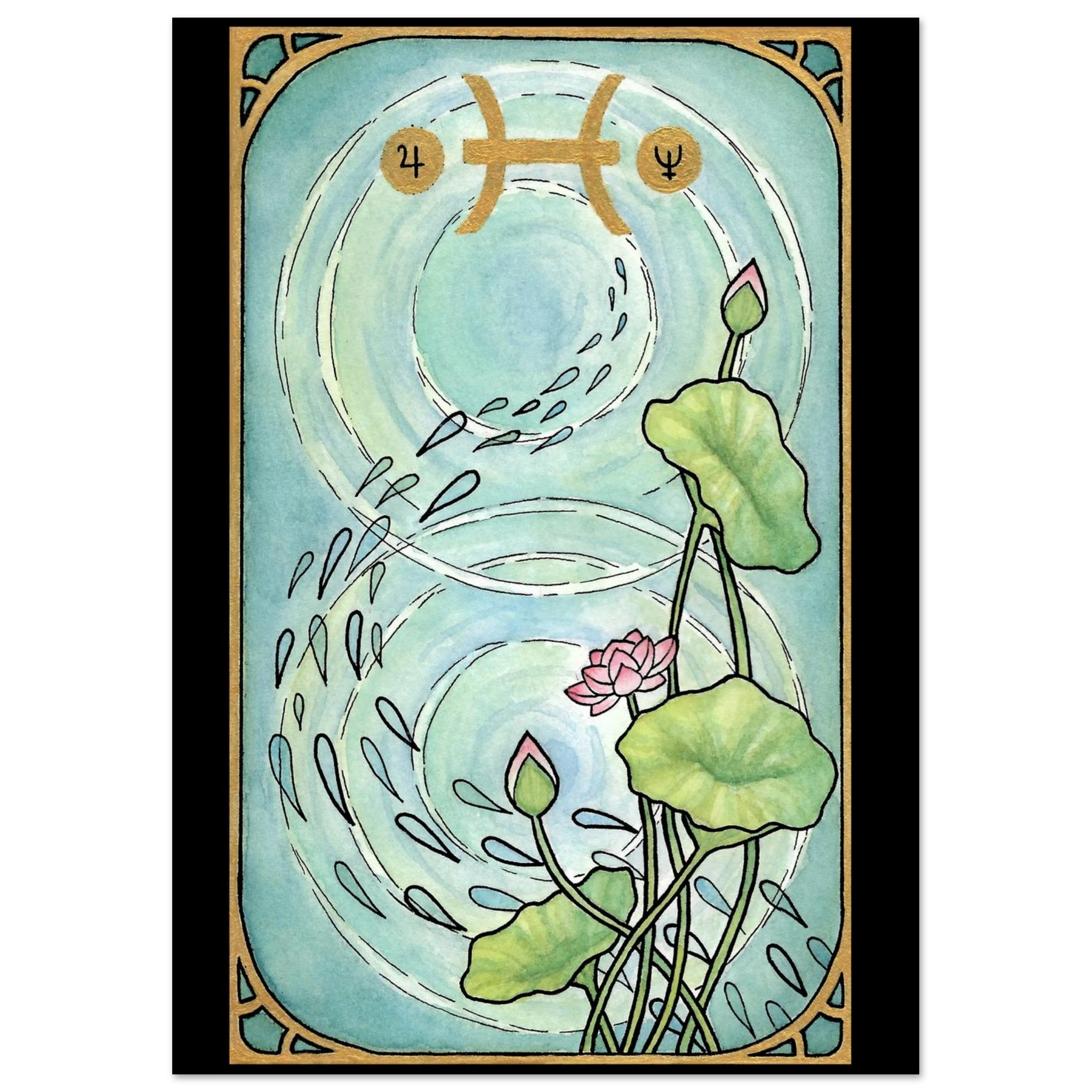 This is the 12" x 18" Pisces Poster by Chris Foster Design. This is a tarot card design and Art Nouveau–inspired design blends the elegance of pink lotus blossoms and water ripples with the celestial symbolism of Jupiter and Neptune. There are water droplets that follow a trail and water ripples in the background. The symbols and intricate frame are gold with a black border. It is against a white and black checkered background.