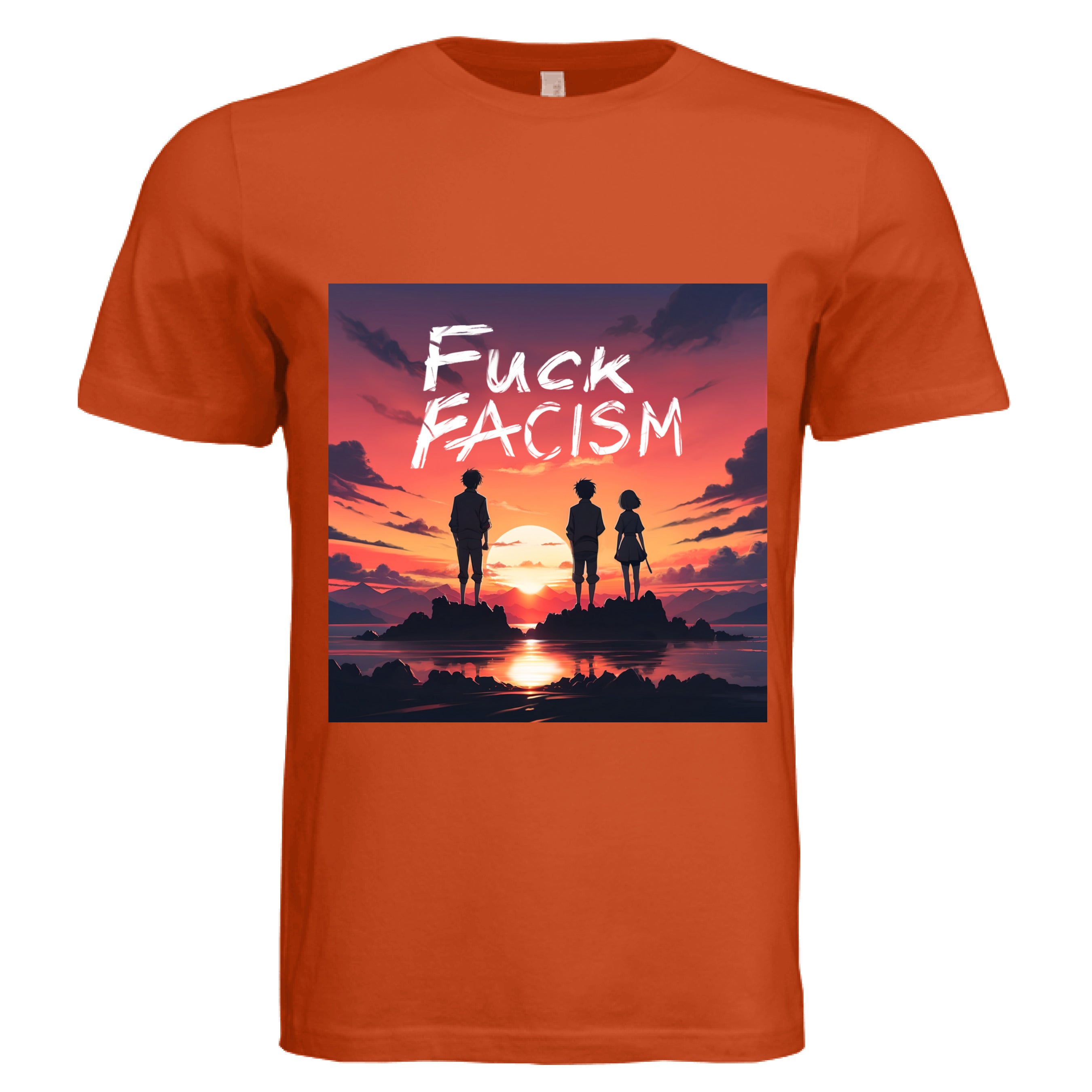 This is the Poppy Fuck Fascism T-Shirt by Lee Hansheng Studios. This is showcasing the front of the shirt. The illustration has a blazing yellow/red sunset sky, three figures, two guys, one lady stand united, their silhouettes facing towards the sunset on rocky land floating in the middle of the water. The words in white, "FUCK FACISM" near the top. Clouds surrounding the right and left of the shirt. The white size label can be seen from the back of the shirt. It is against a white background.