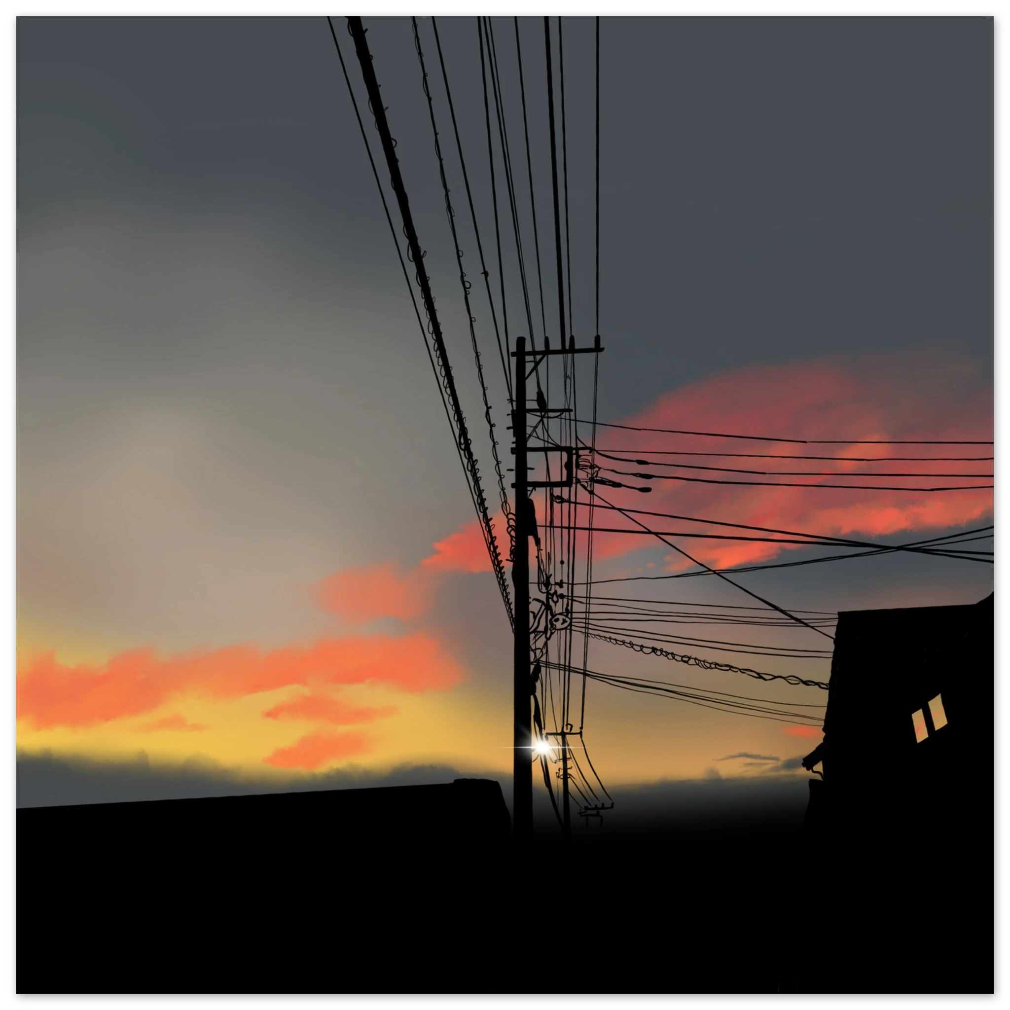 This is the 10" x 10" Powerline Sunset Print by Lee Hansheng Studios. The illustration has a silhouette of power lines against a sunset sky in Taiwan with a silhouette of a building. A blinding light on the powerlines, yellow to fill the windows, red/pink clouds and a murky blue for the sky.
