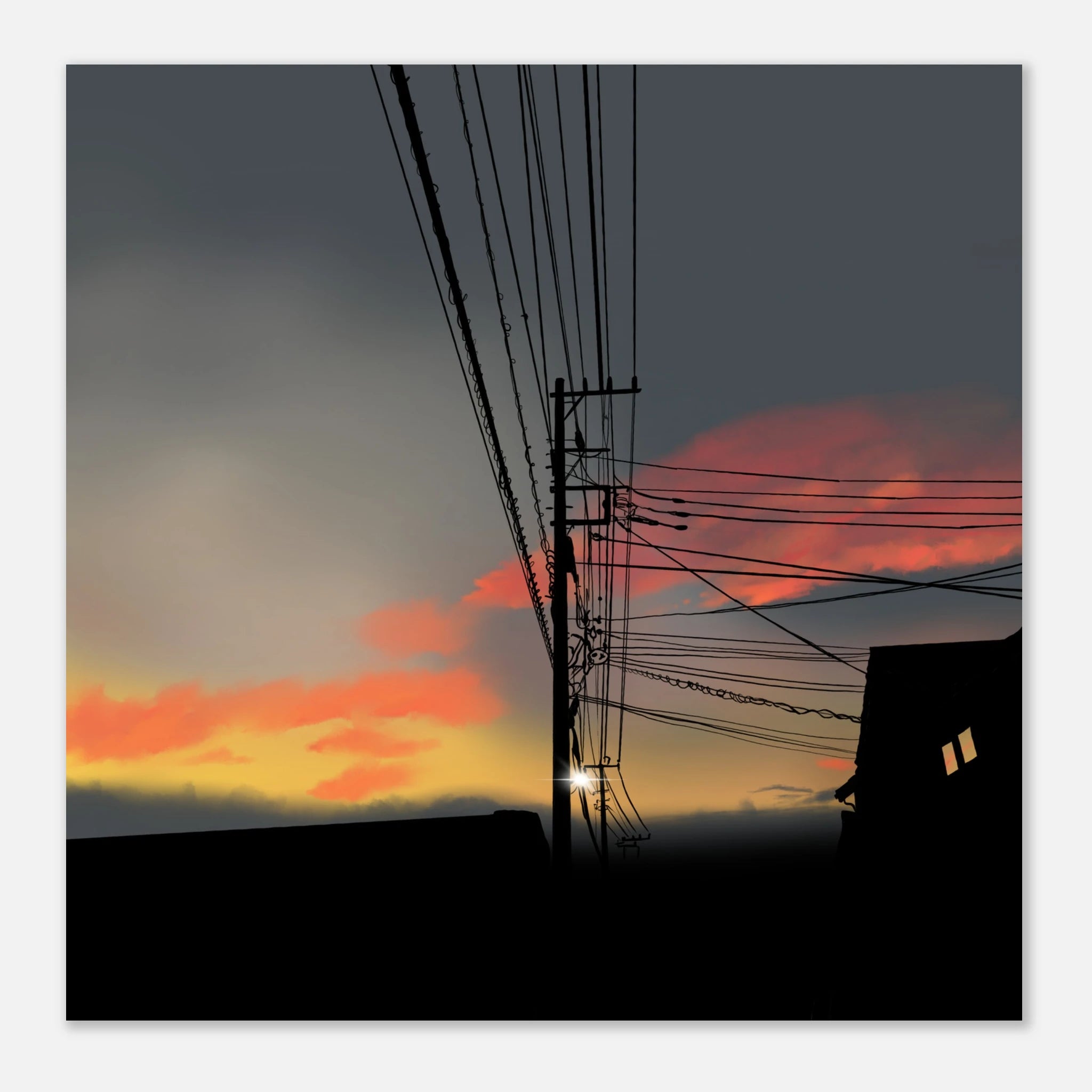 This is the 10" x 10" Powerline Sunset Print by Lee Hansheng Studios. The illustration has a silhouette of power lines against a sunset sky in Taiwan with a silhouette of a building. A blinding light on the powerlines, yellow to fill the windows, red/pink clouds and a murky blue for the sky. It is against a white background.