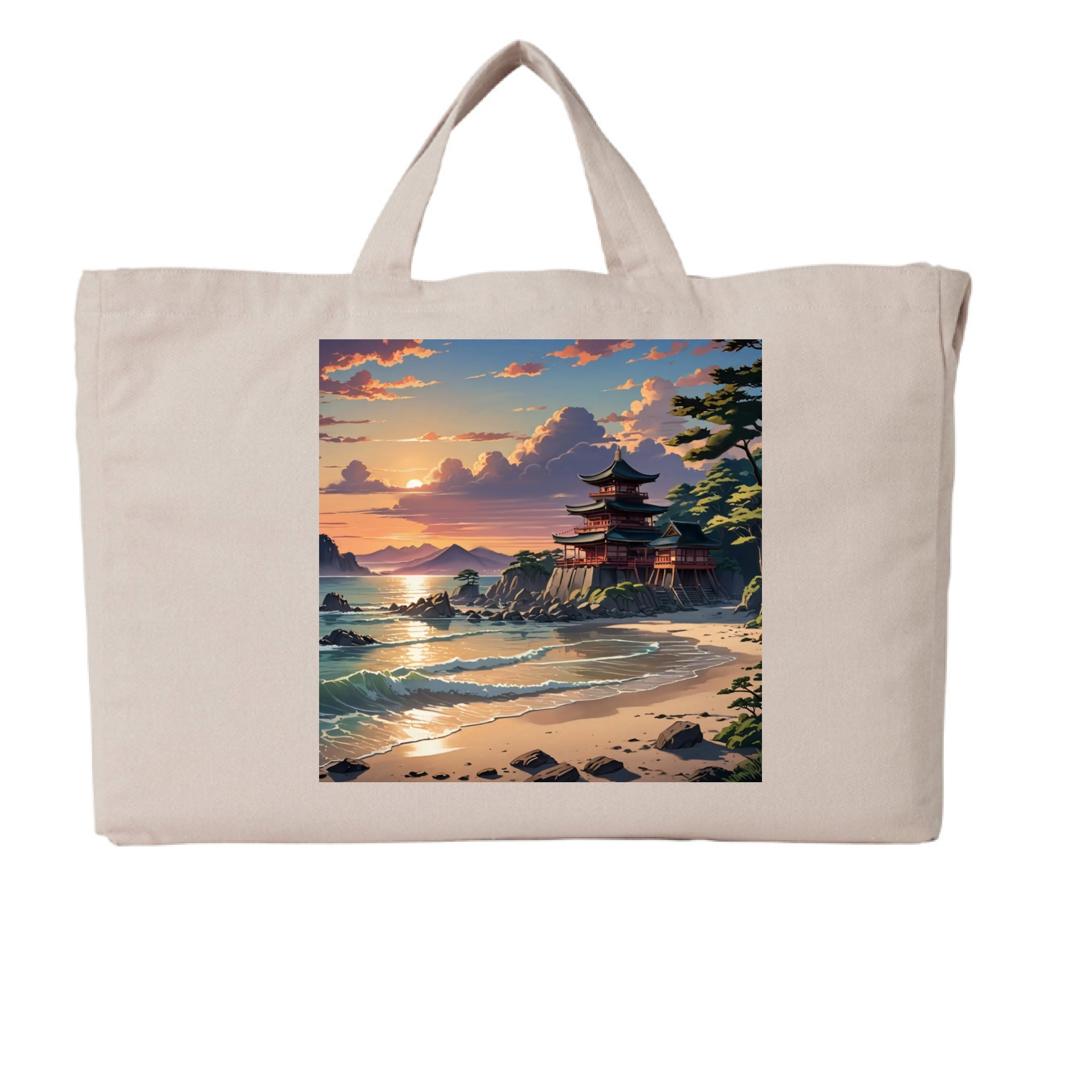 This is the Pumice Temple of Peace G2G Tote by Lee Hansheng Studios. This is showcasing the front. The illustration is squared and showcases a landscape. In the forefront are crashing light blue, white waves hitting the tan beach, scattered rocks lining the beach to the right where trees are peaking out. In the back is a temple on rocky land that is red with green/black tops. In the background are more mountains and fluffy clouds with the sun rising. The sky is mixed with blue, yellow and red colors.