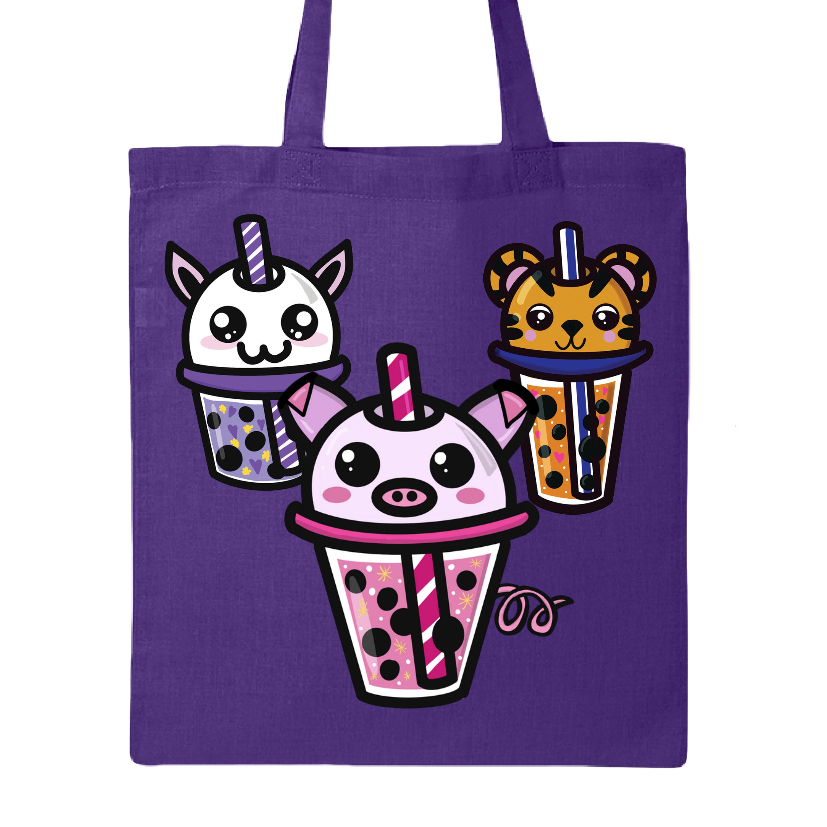 This is the Purple Boba Friends Canvas Tote by Dazzle & Daggers Design. This is showcasing the front that features three kawaii designs.The Piggy Boba is pink all over and the glass has pink liquid, boba, yellow sparkles,white dots and peppermint swirl like. Thai Tea Tiger is orange, orange liquid, black boba, white dots, red hearts, blue and white striped straw. The Cryptid Boba is white, purple and white swirl straw, purple liquid, black boba, yellow stars and purple hearts.