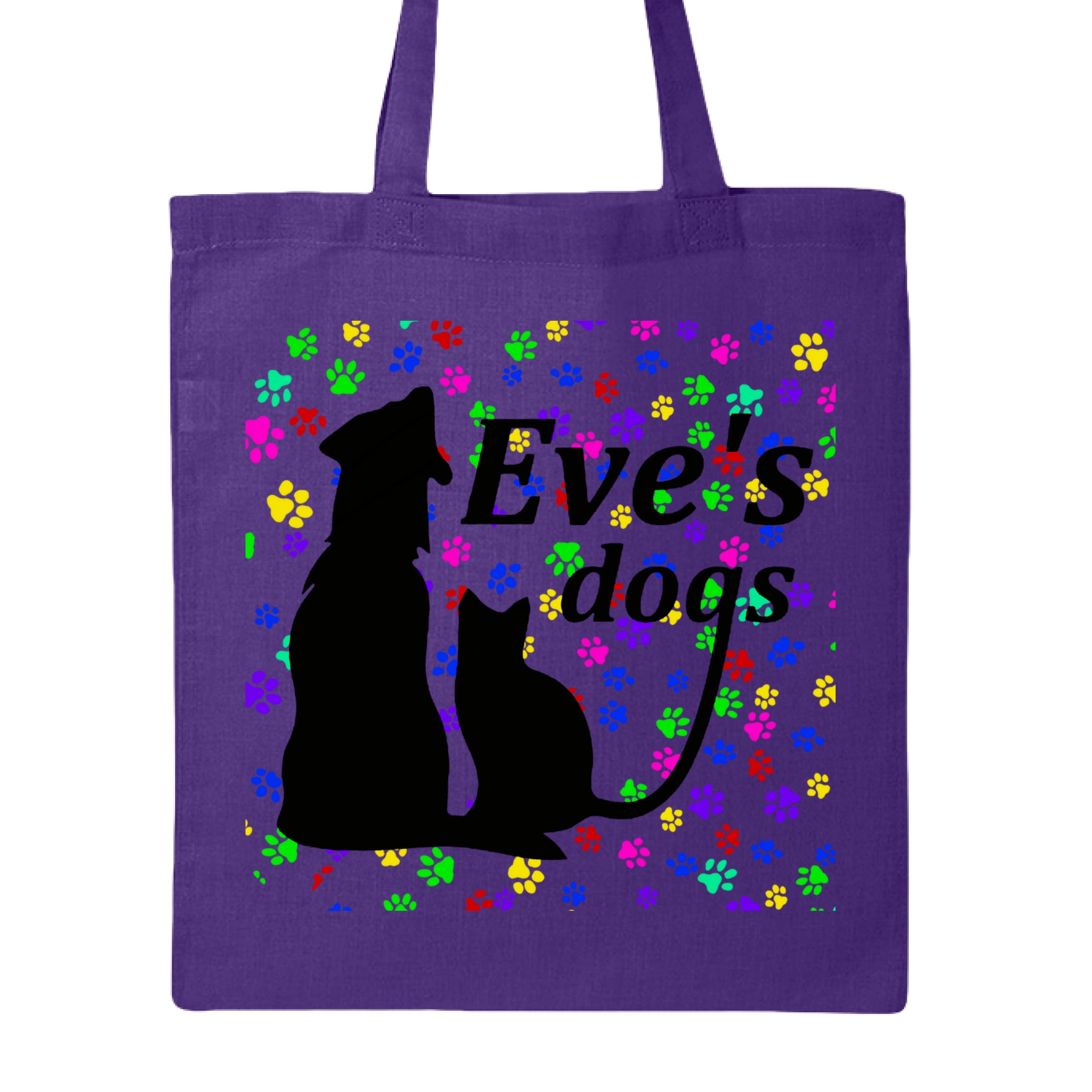 This is the Purple Paws on Paws Adopt Eve's Dogs Canvas Tote to help raise awareness and adopt. This is showcasing the front of the tote. There is an image of their logo which is in black writing of "Eve's Dogs". The "g" connects to the tail of the cat who is sitting next to the dog. Both are black shadows. The background is colorful paw prints which is bright green, blue pink, yellow and red. It is against a white background.