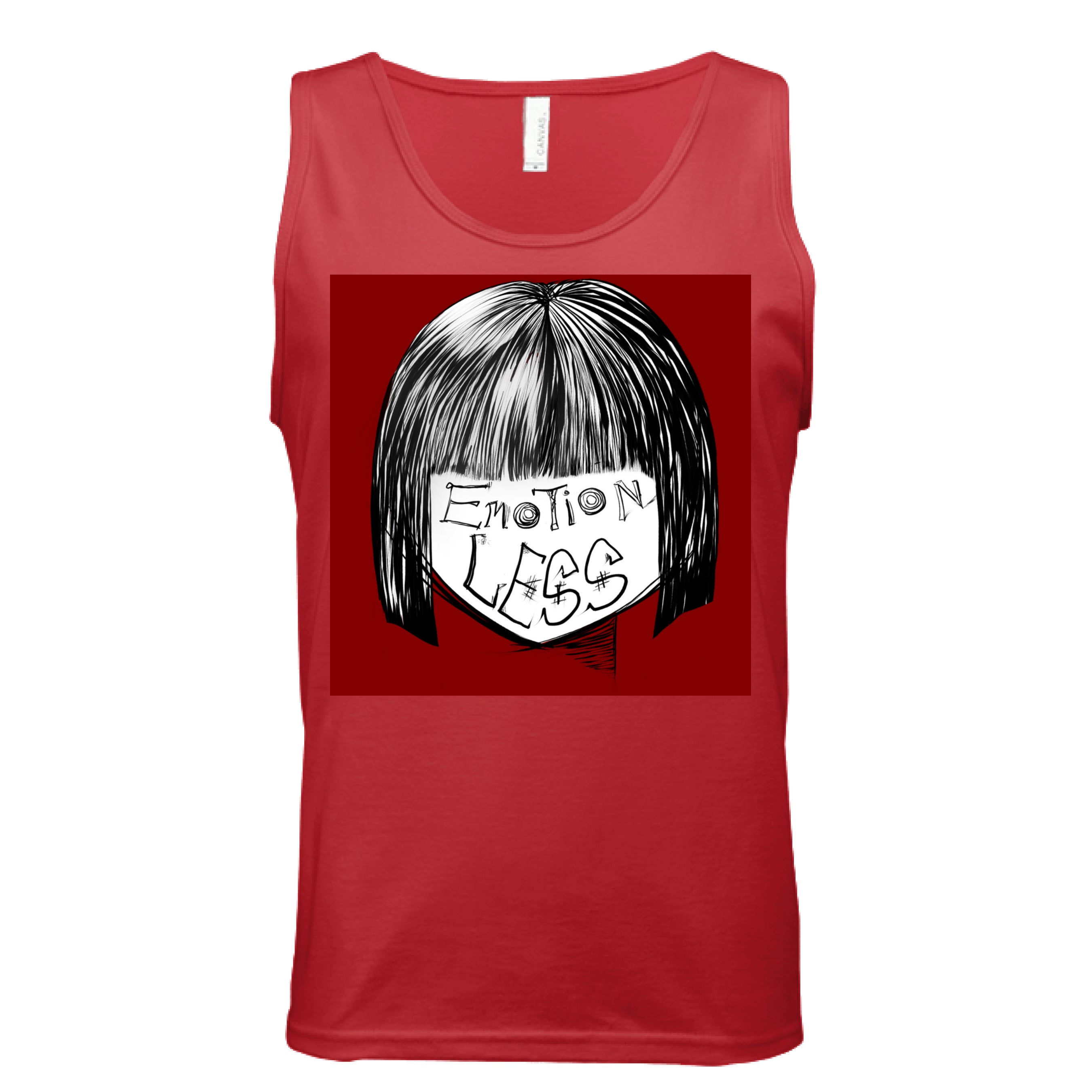 This is the Red Emotionless Tank by Lee Hansheng Studios. This is showcasing the front. This illustration is squared and features exploring themes of identity, silence, and hidden emotion through stark contrasts of black, white, and deep red. There are the words,"Emotionless" written in black on the face. Hair is white and black and the background is a dark deep red. The tank is against a white background.