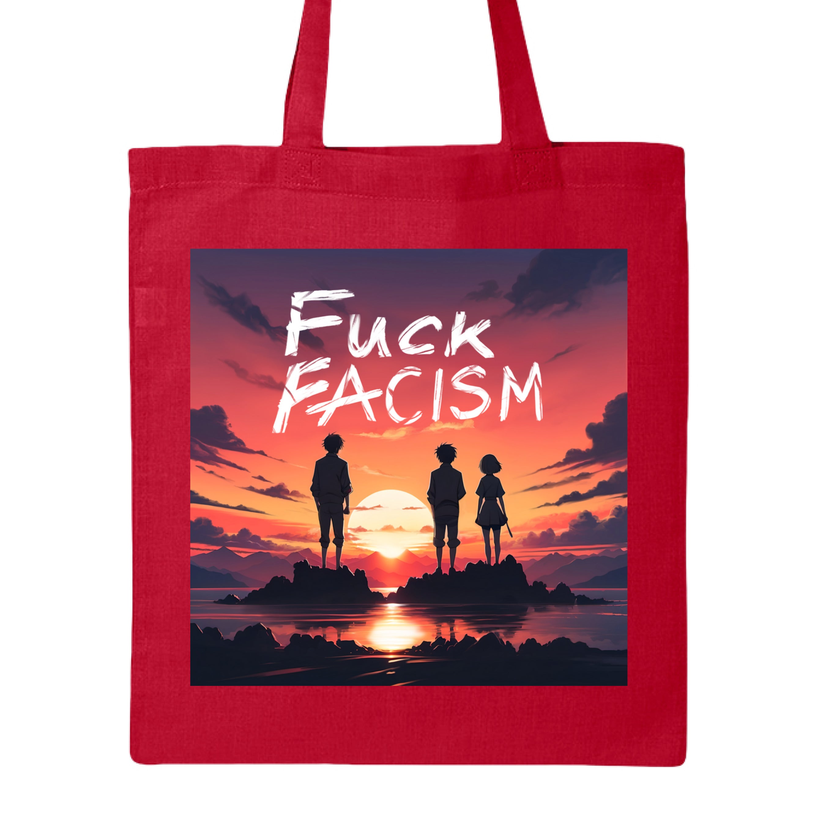 This is the Red Fuck Fascism Canvas Tote by Lee Hansheng Studios. This is showcasing the front of the tote. The image is squared. The illustration has a blazing yellow/red sunset sky, three figures, two guys, one lady stand united, their silhouettes facing towards the sunset on rocky land floating in the middle of the water. The words in white, "FUCK FACISM" near the top. Clouds surrounding the right and left of the image. It is against a white background.