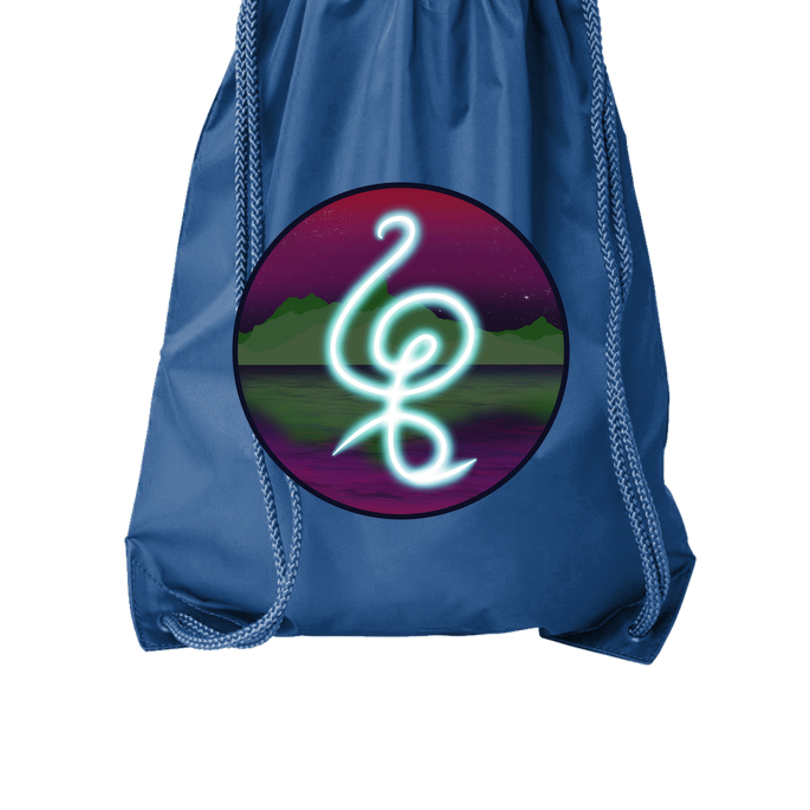 This is the Royal Hakuna Matata Drawstring Bag by Lee Hansheng Studios. This is showcasing the front. The illustration is circular and has a glowing, freeform symbol in luminous turquoise against a cosmic horizon of deep purples and greens with twinkling yellow stars. The drawstrings are shown too. It is against a white background.