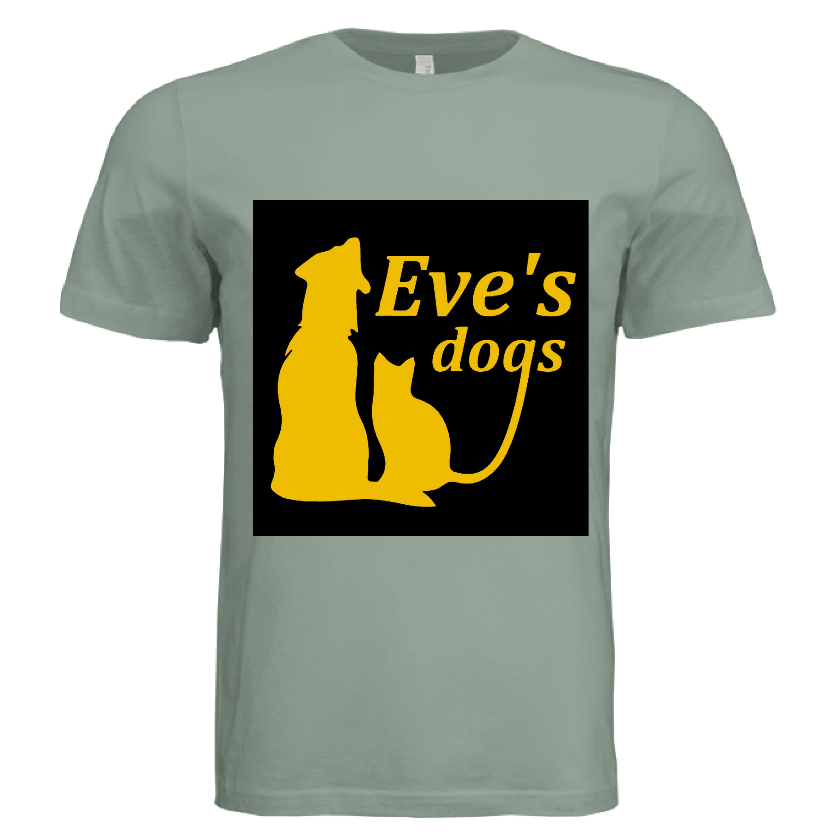This is the Sage Adopt Eve's Dogs T-Shirt to help raise awareness and adopt. This is showcasing the front of the shirt. There is an image of their logo which the background is black, yellow writing of "Eve's Dogs". The "g" connects to the tail of the cat who is sitting next to the dog. Both are yellow shadows. The white size label can be seen at the inside of the shirt. It is against a white background.