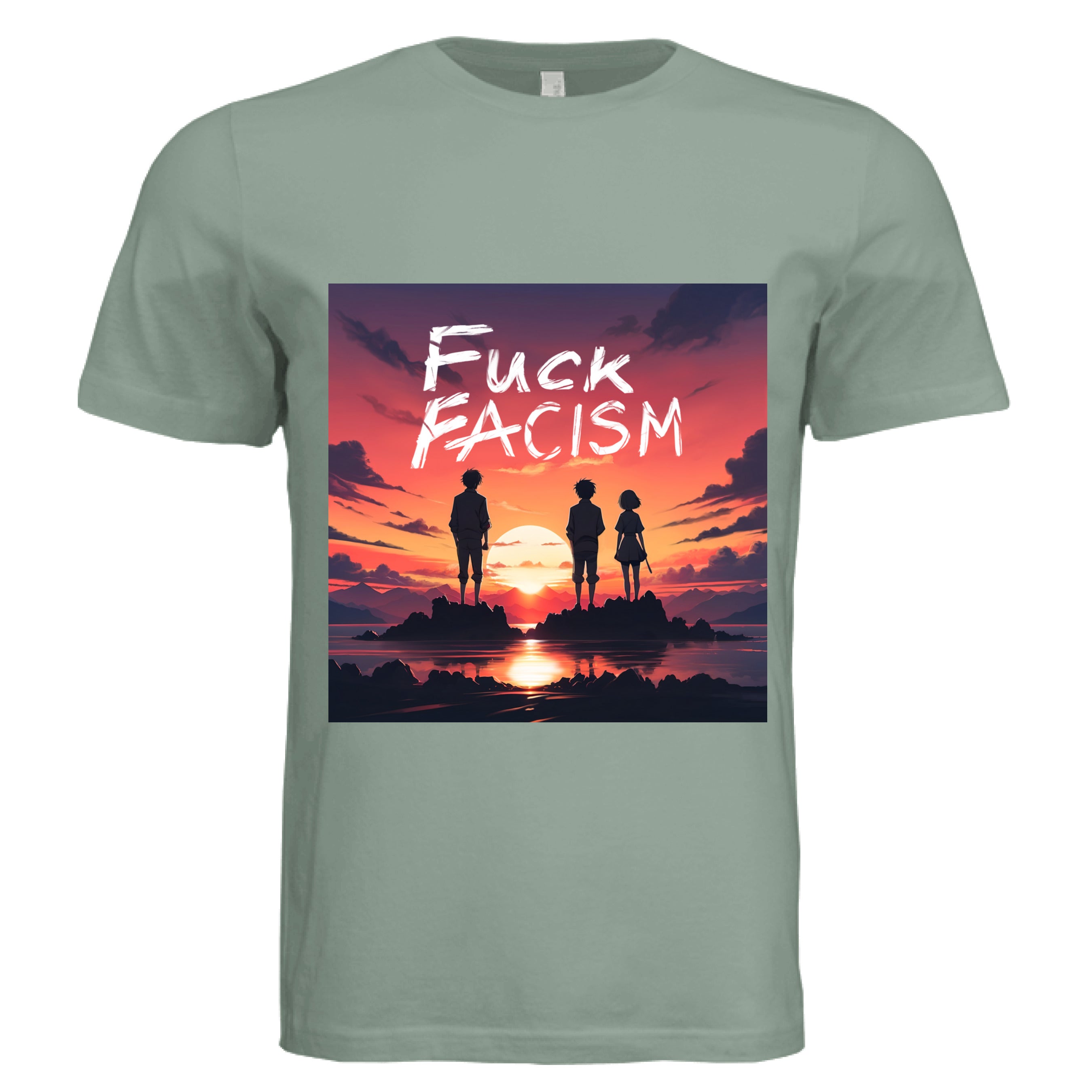 This is the Sage Fuck Fascism T-Shirt by Lee Hansheng Studios. This is showcasing the front of the shirt. The illustration has a blazing yellow/red sunset sky, three figures, two guys, one lady stand united, their silhouettes facing towards the sunset on rocky land floating in the middle of the water. The words in white, "FUCK FACISM" near the top. Clouds surrounding the right and left of the shirt. The white size label can be seen from the back of the shirt. It is against a white background.