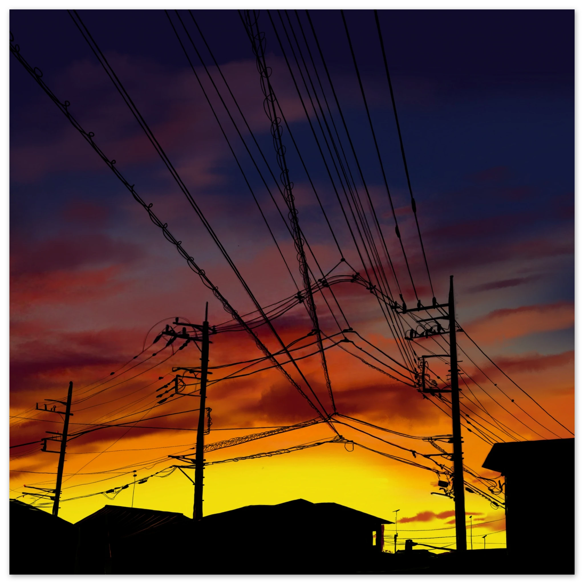This is the 10" x 10" Saitama Sunset Poster by Lee Hansheng Studios. The illustration shows the silhouettes of rooftops and power lines against a sky ablaze with golden yellows, deep oranges, and purples. The buildings are in the background on the bottom. The clouds are a mix of pink and reds.