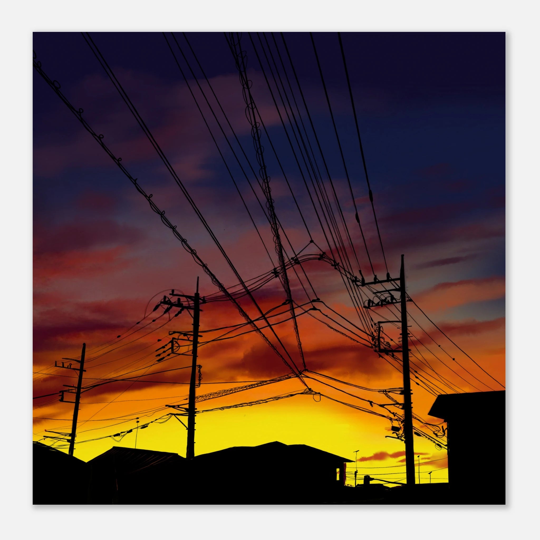 This is the 10" x 10" Saitama Sunset Poster by Lee Hansheng Studios. The illustration shows the silhouettes of rooftops and power lines against a sky ablaze with golden yellows, deep oranges, and purples. The buildings are in the background on the bottom. The clouds are a mix of pink and reds. It is against a white background.