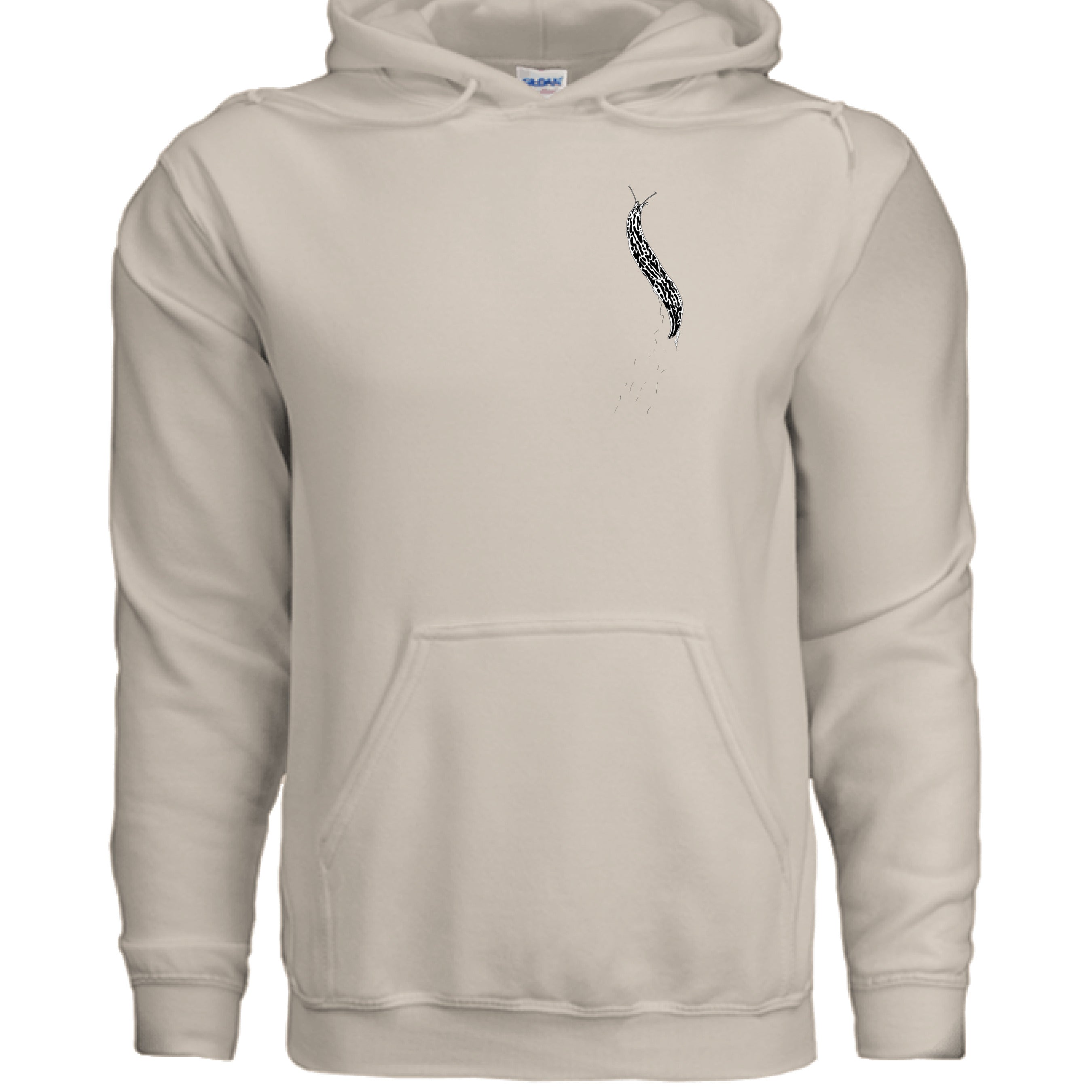 This is the Sand Banana Slug Hoodie by Storm Garden Studio. This showcases the front of the hoodie. There is a banana slug in black and white on the left chest. There is a large pouch too. It is against a white background.