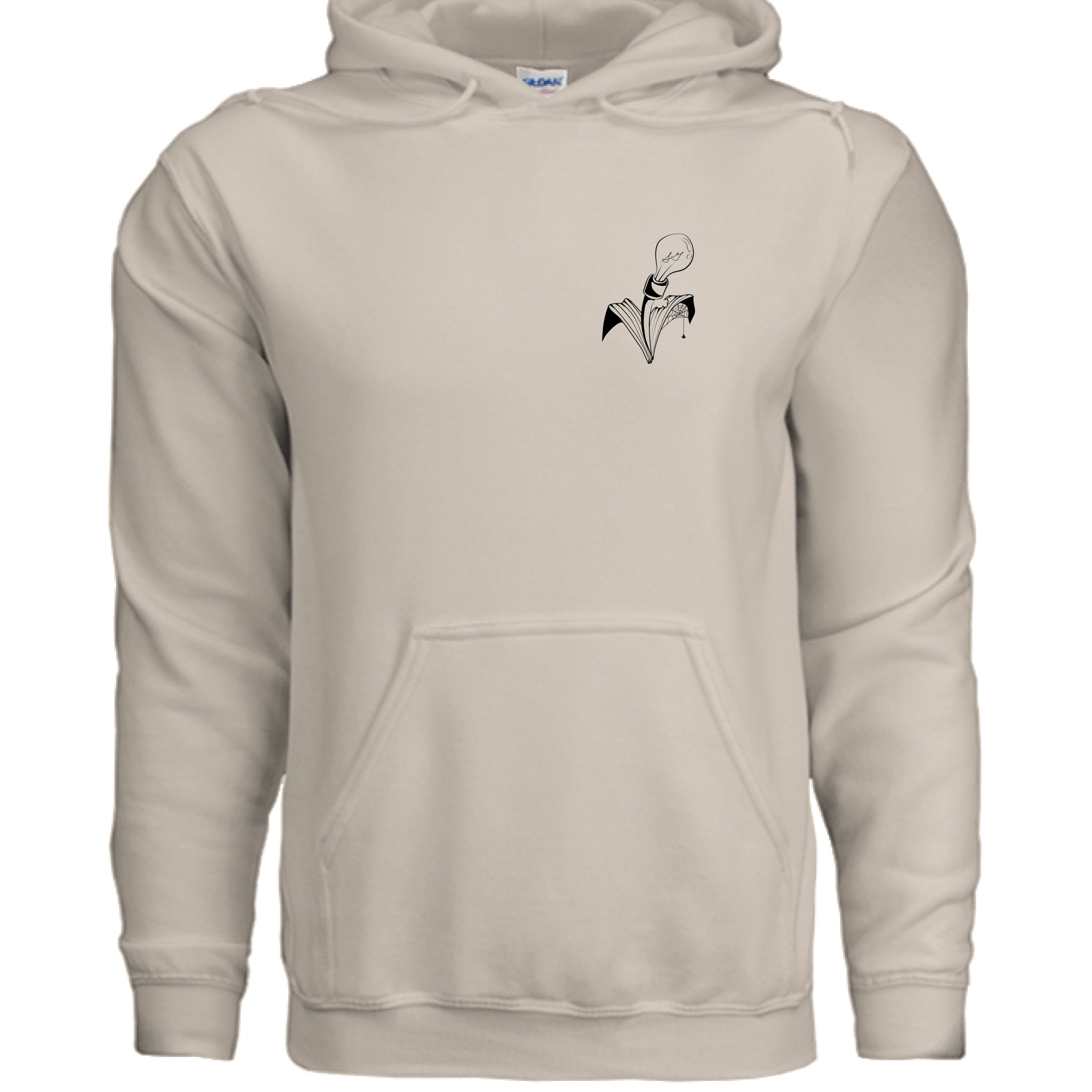 This is the Sand The City by Storm Garden Studio. This image is showcasing the front of the hoodie. There are two drawstrings attached to the hood with a large pouch from the middle to the bottom. On the left breast pocket is the image of the studio logo. The logo is a plant that has two leaves, one of the leaves is bitten with a spiderweb and spider on the it. The flower of the plant is a lightbulb. The logo is all in black and against a white background.