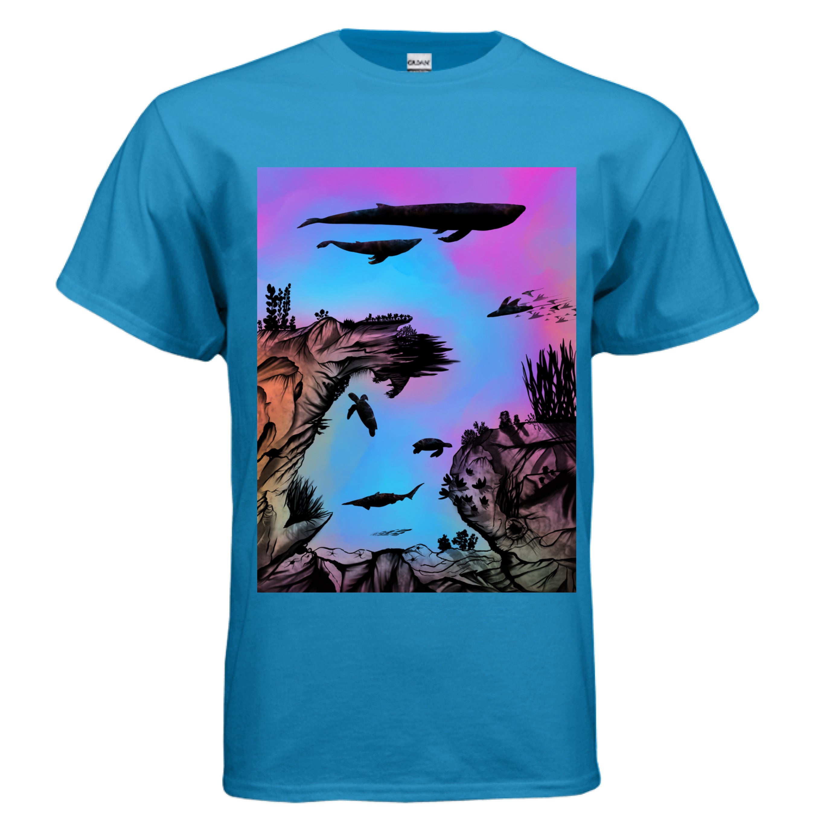 This is the Sapphire Into the Abyss T-Shirt by Lee Hansheng Studios. This is showcasing the front. The illustration is of an otherworldly underwater world alive with graceful black silhouettes drifting against a luminous gradient of blues, purples, and warm tones throughout the water. To the left, right and bottom are sediment, rocks, seaweed throughout. The top has a humpback whale, another whale, below are a pool of mantis rays, two sea turtles, sea of fish. The white size label can be seen.