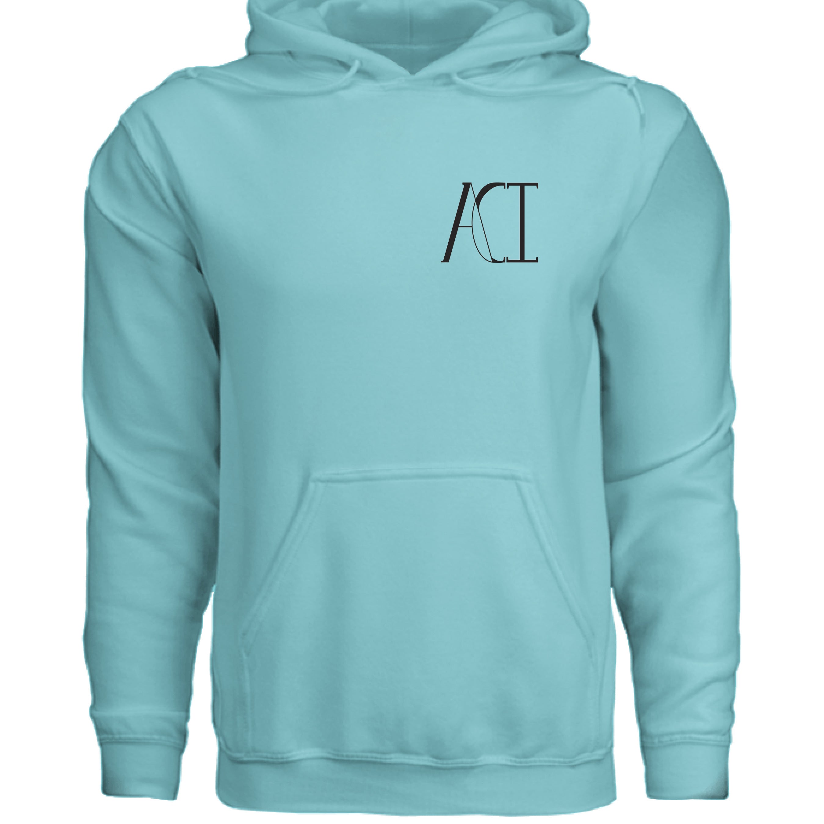 This is the Scuba Blue ACI Hoodie by the Art Collective International. This is showcasing the front of the hoodie with two drawstrings on the hood and large kangaroo pocket on the bottom. The image on the left breast pocket is of the ACI logo. The logo is in black. The hoodie is against a white background.