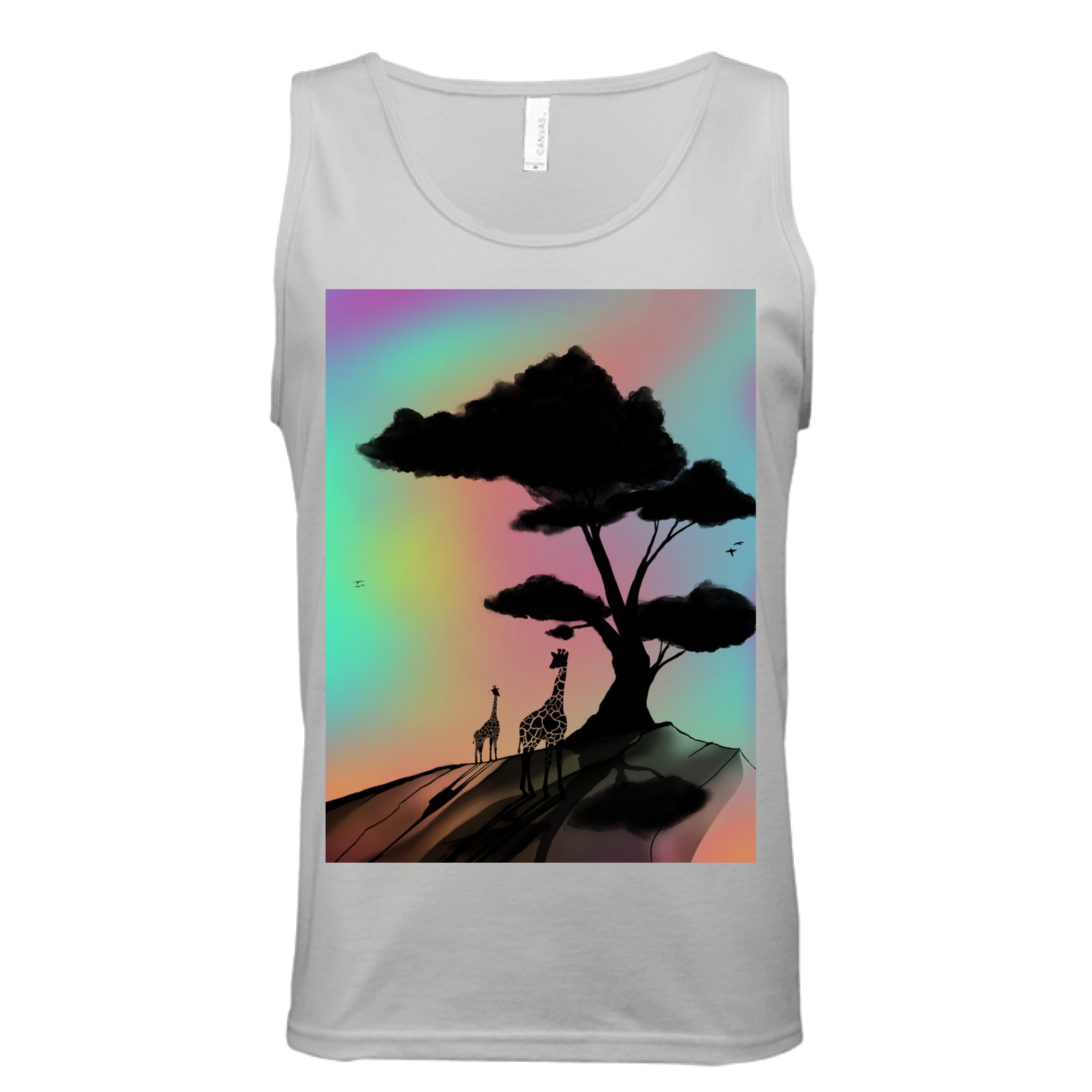 This is the Silver At A Glance Tank by Lee Hansheng Studios. This is showcasing the front of the tank. The illustration is a sillouhette of a large tree, two giraffes on a rocky hill. In the background are hues and gradients of green, yellow, purple, and red. The giraffes are looking towards to each other. It is against a white background.