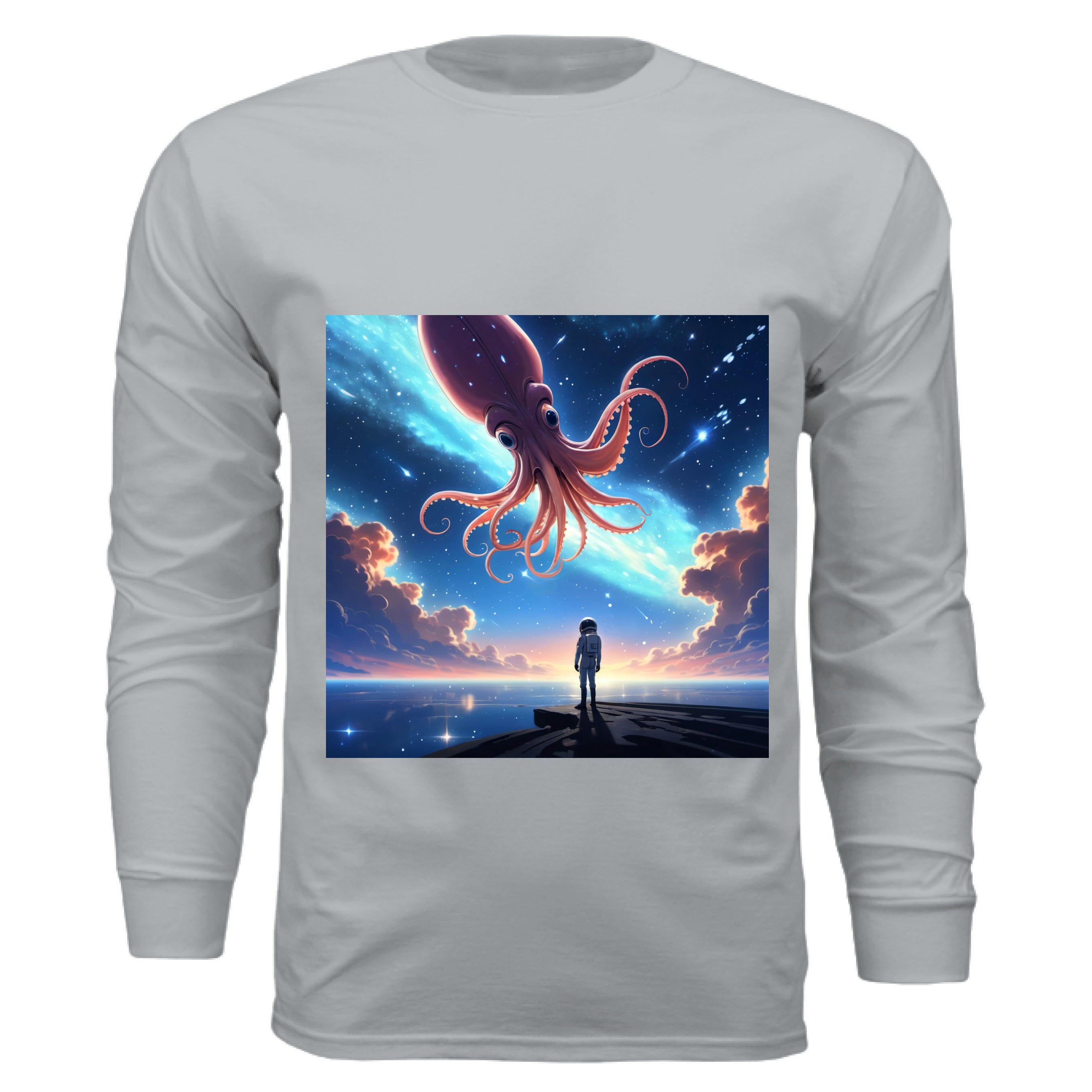 This is the Silver Star Maker Long Sleeve by Lee Hansheng Studios. The illustration features a lone astronaut in white, standing on a dark surface gazing at a pink octo-squid alien, drifting through a sky. The sky is alive with stars, nebulae, and clouds. The clouds are drifting up at the right and left with pink/blue hues. The sky is a light blue and the drifting stars behind the animal is a light blue. It is against a white background.