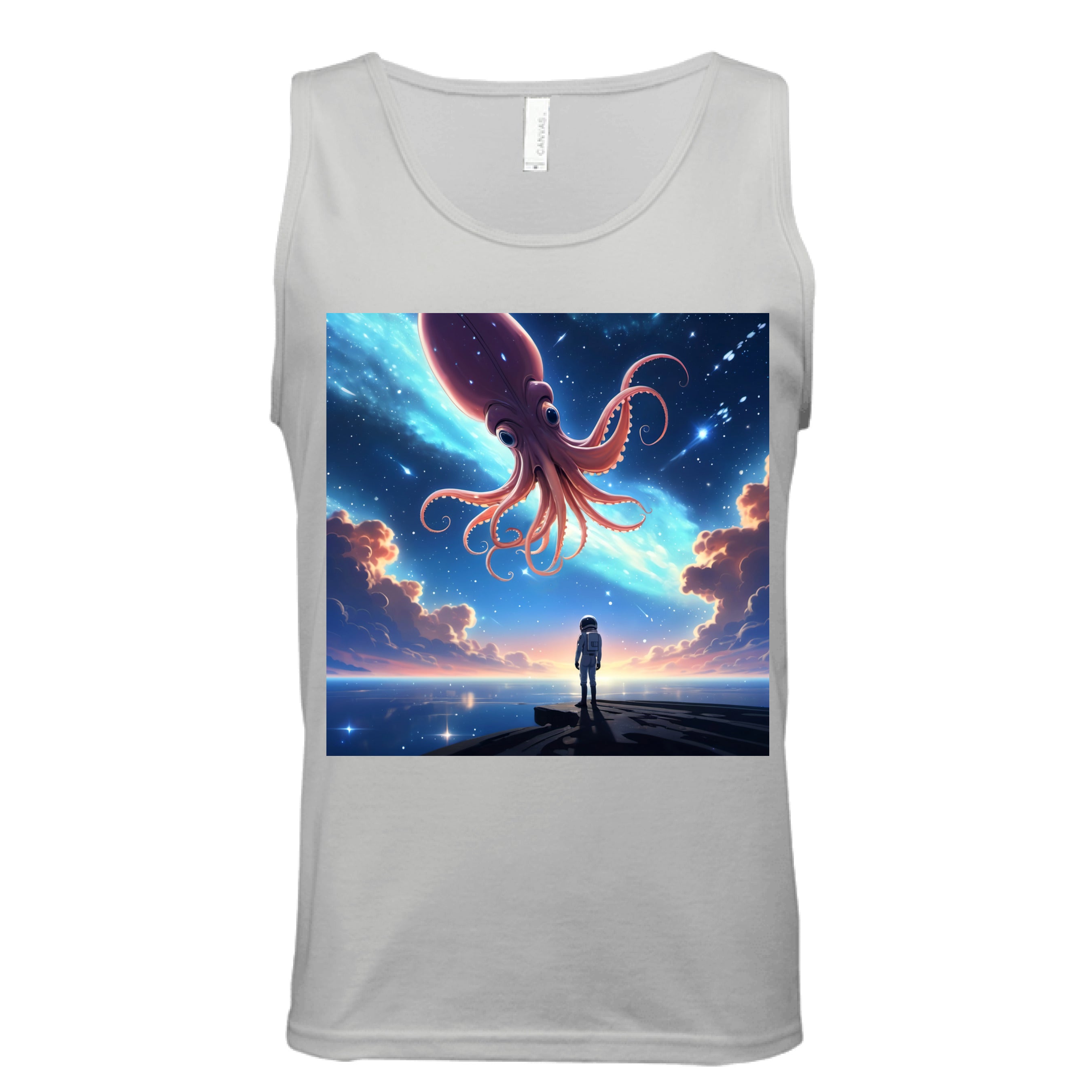 This is the Silver Star Maker Tank by Lee Hansheng Studios. This is showcasing the front. The illustration features a lone astronaut in white, standing on a dark surface gazing at a pink octo-squid alien, drifting through a sky. The sky is alive with stars, nebulae, and clouds. The clouds are drifting up at the right and left with pink/blue hues. The sky is a light blue and the drifting stars behind the animal is a light blue. It is against a white background.