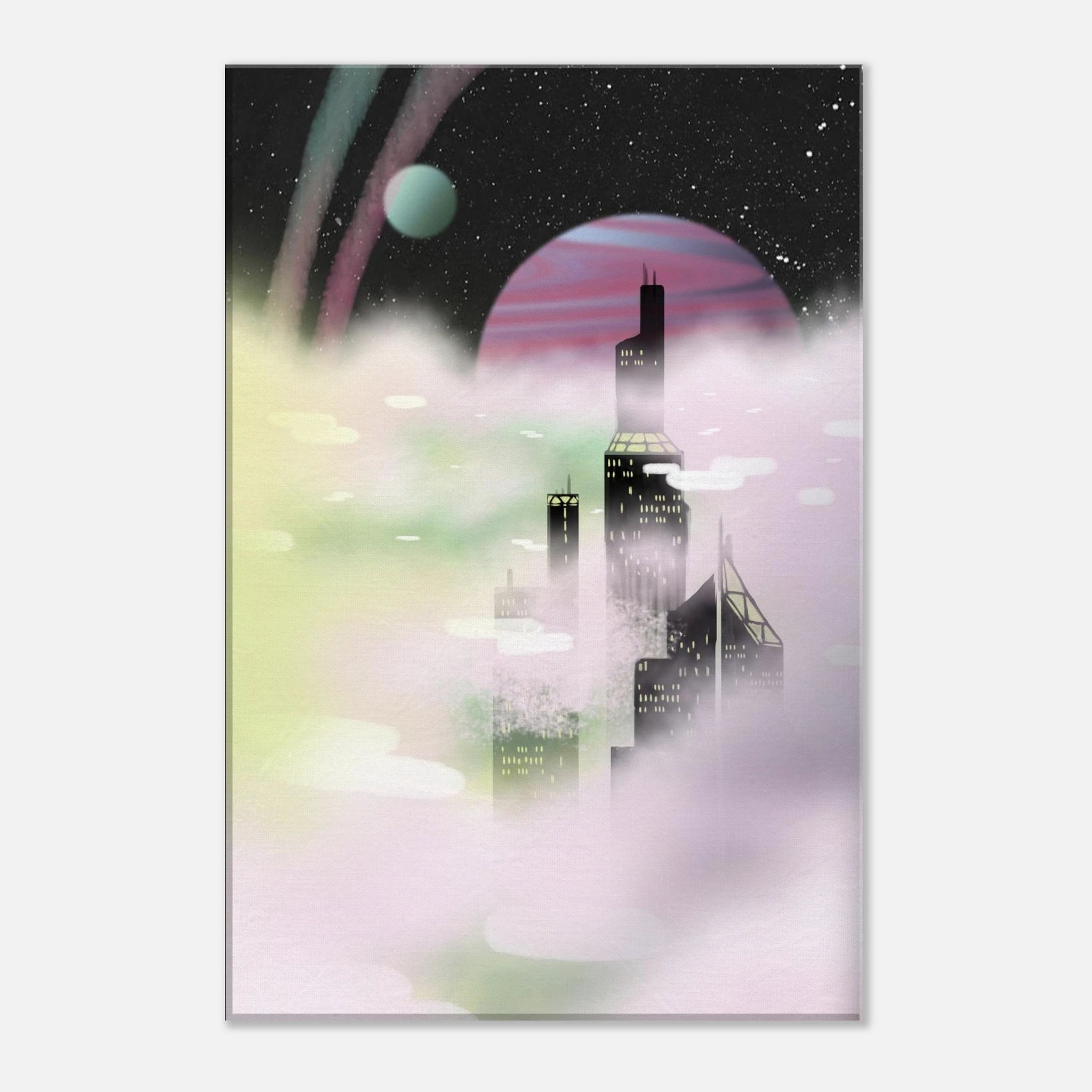 This is the Space Environment 11"x14" Canvas Print by Chris Foster Design. This is showcasing the front. The illustration blends the sharp geometry of towering buildings shadowed in black with yellow windows. Ethereal glow of planetary skies including a dark sky, white dots as stars, circular planet in light blue, pink/purple, streaks of blue/pink in the sky and drifting clouds with hues of green, pink and white. The canvas print is against a white background.