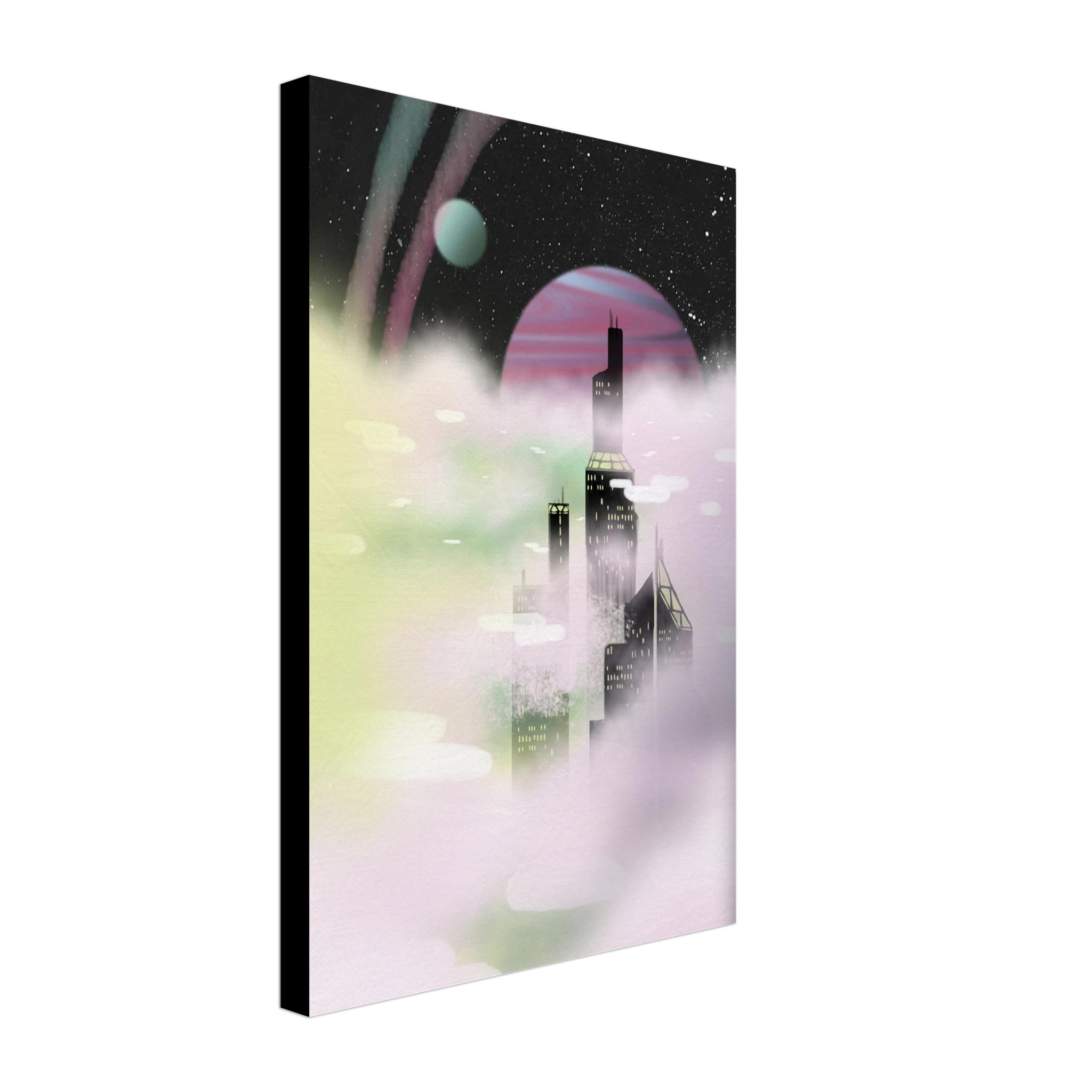 This is the Space Environment 11"x14" Canvas Print by Chris Foster Design. This is showcasing the side to show the thickness of the canvas. The illustration blends the sharp geometry of towering buildings shadowed in black with yellow windows. Ethereal glow of planetary skies including a dark sky, white dots as stars, circular planet in light blue, pink/purple, streaks of blue/pink in the sky and drifting clouds with hues of green, pink and white. The canvas print is against a white and black background.