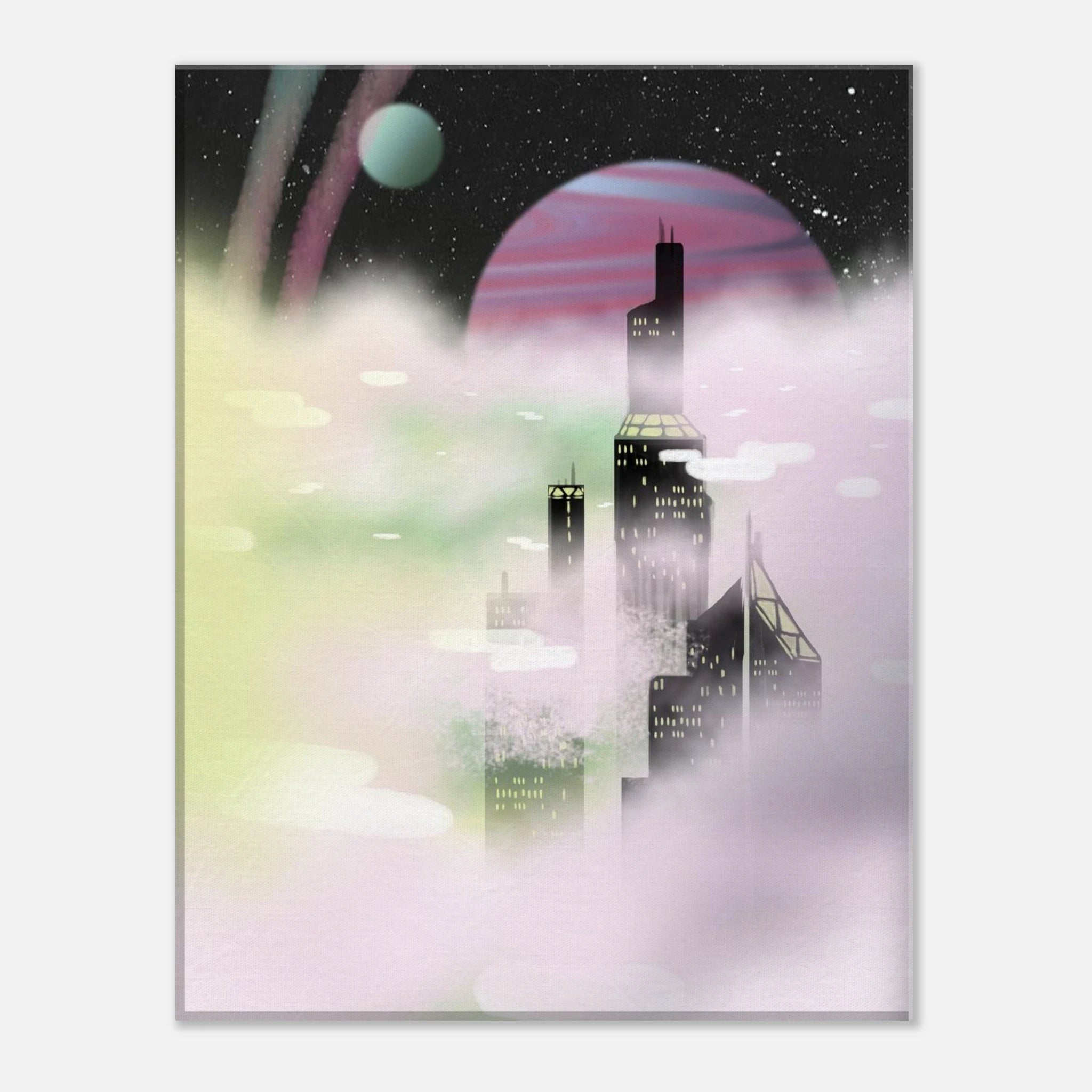 This is the Space Environment 12"x18" Canvas Print by Chris Foster Design. This is showcasing the front. The illustration blends the sharp geometry of towering buildings shadowed in black with yellow windows. Ethereal glow of planetary skies including a dark sky, white dots as stars, circular planet in light blue, pink/purple, streaks of blue/pink in the sky and drifting clouds with hues of green, pink and white. The canvas print is against a white background.