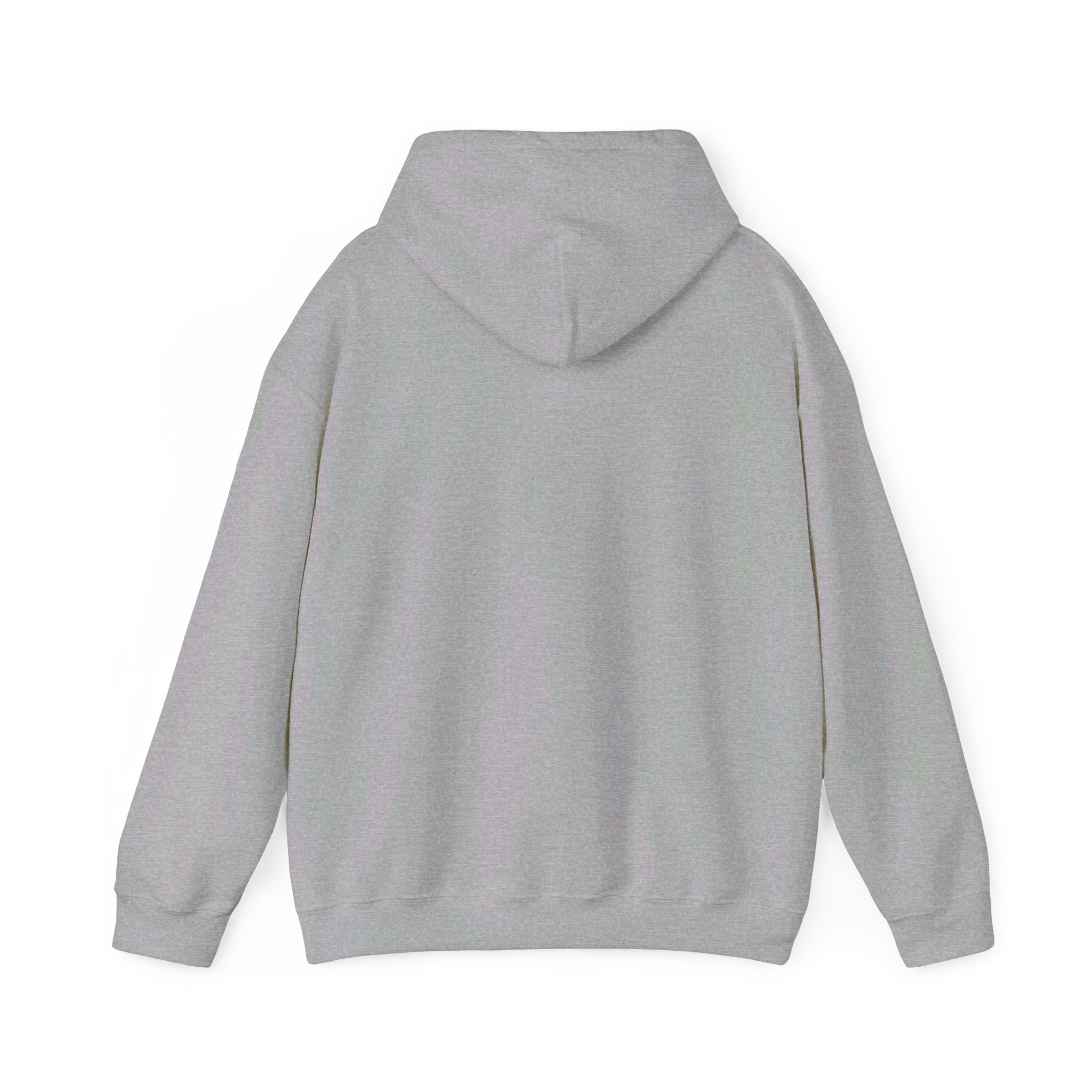 This is the Sport Grey Emotionless Heavy Blend Hoodie by Lee Hansheng Studios. This is the image of the hoodie from the back with the hood down. There is no illustration but there is hemming on the waists and hoodie. The image is against a white background.