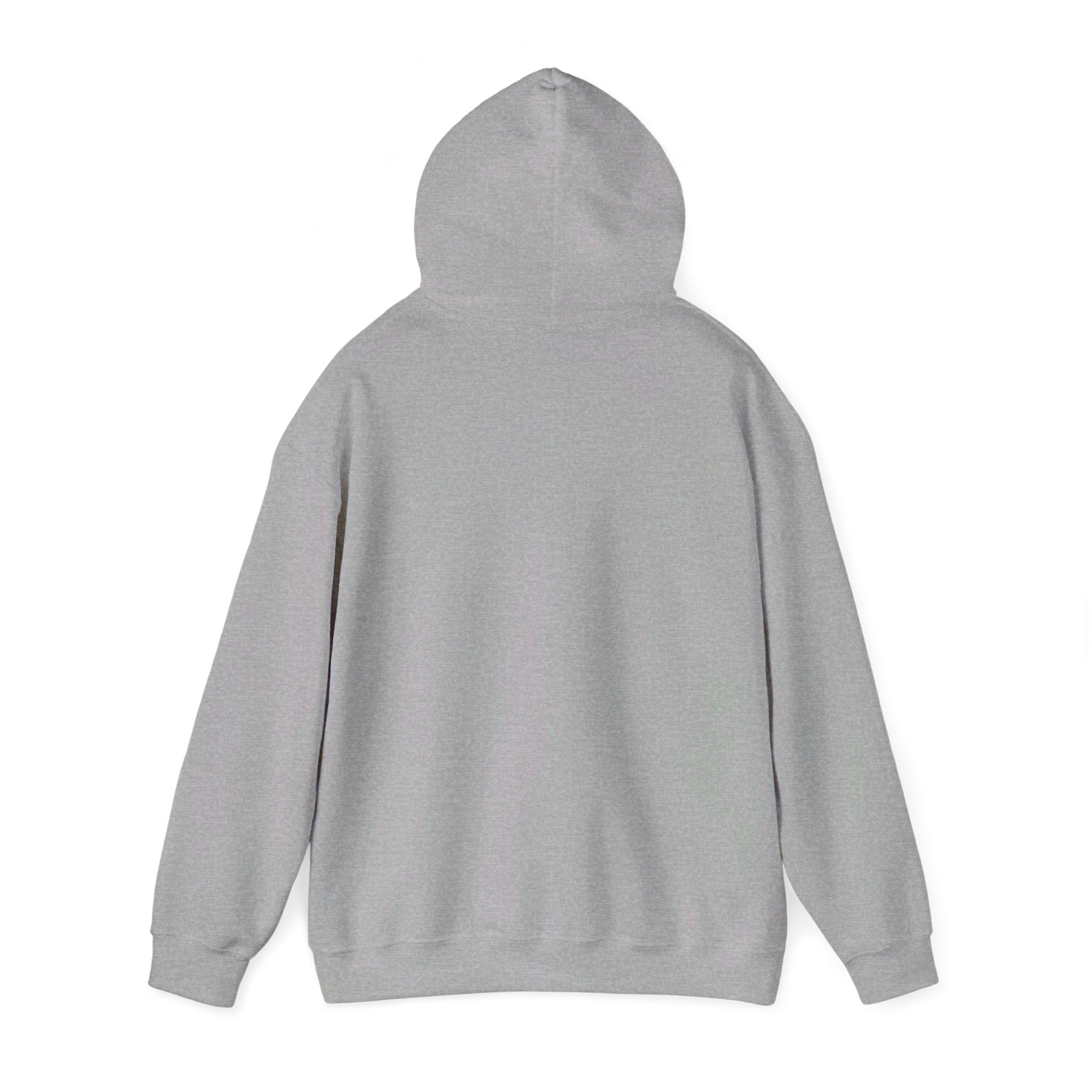 This is the Sport Grey Emotionless Heavy Blend Hoodie by Lee Hansheng Studios. This is the image of the hoodie from the back with the hood up. There is no illustration but there is hemming on the waists and hoodie. The image is against a white background.