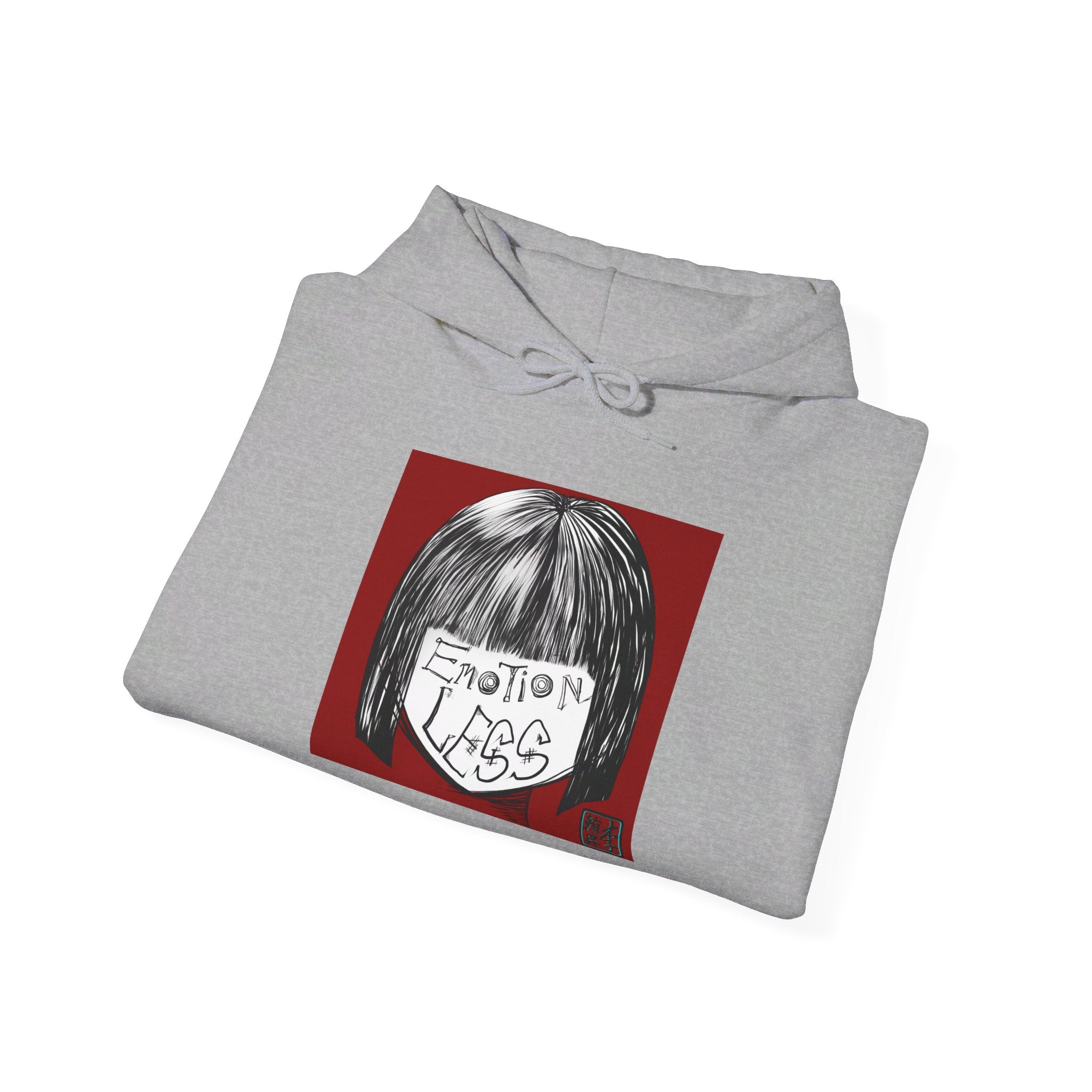 This is the Sport Grey Emotionless Heavy Blend Hoodie by Lee Hansheng Studios. This is the image of the hoodie folded, drawstring in a bowtie that is colormatched. The illustration is squared in the middle, a black haired girl with bangs and her white face has the words, "Emotionless". Behind her is a red background and on the right of the illustration is the Lee Hansheng Studios logo outlined in blue. The image is against a white background.
