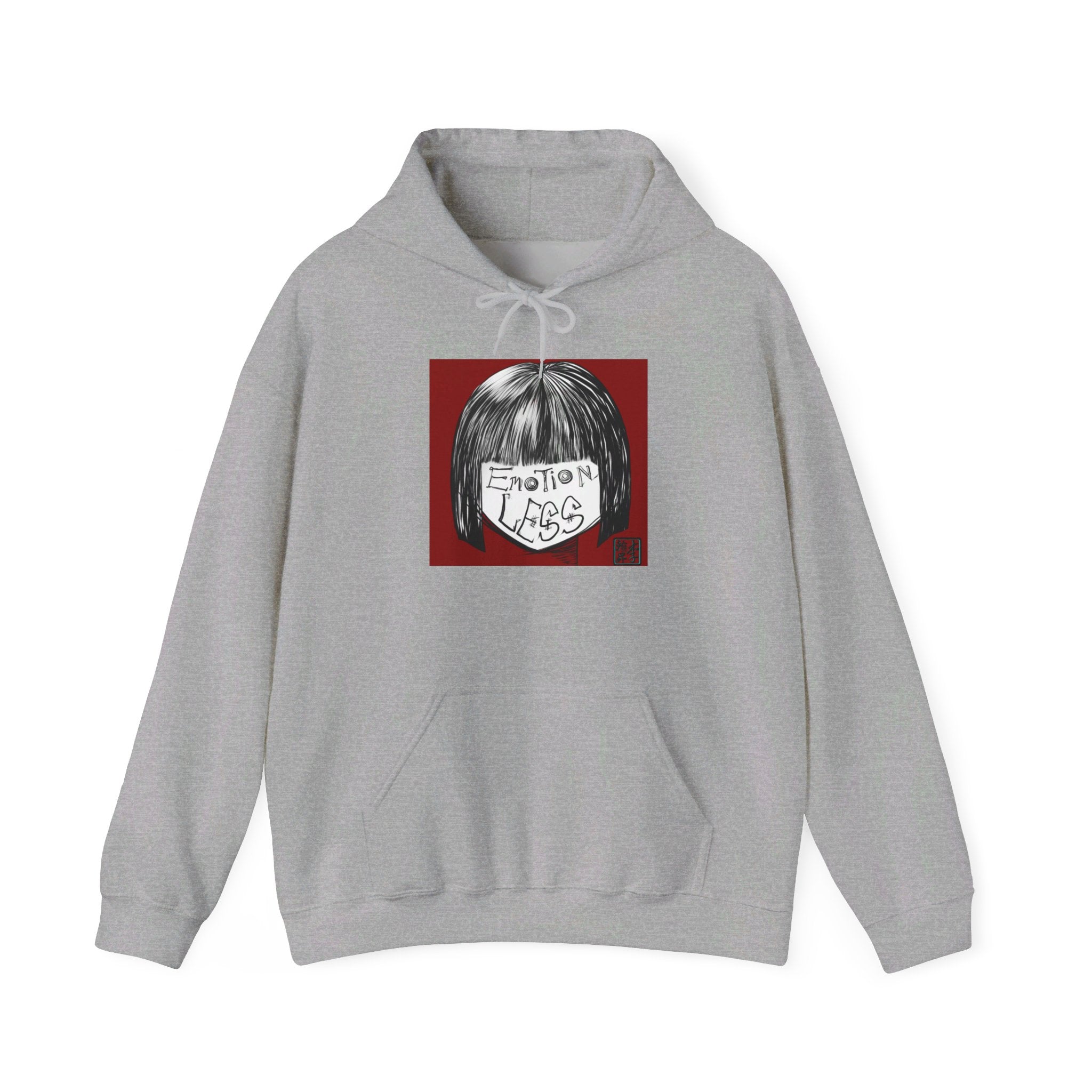 This is the Sport Grey Emotionless Heavy Blend Hoodie by Lee Hansheng Studios. This is the image of the front, drawstring in a bowtie that is colormatched. The illustration is squared in the middle, a black haired girl with bangs and her white face has the words, "Emotionless". Behind her is a red background and on the right of the illustration is the Lee Hansheng Studios logo outlined in blue. There is a kangaroo pocket, hemming on the waists and hoodie. The image is against a white background.