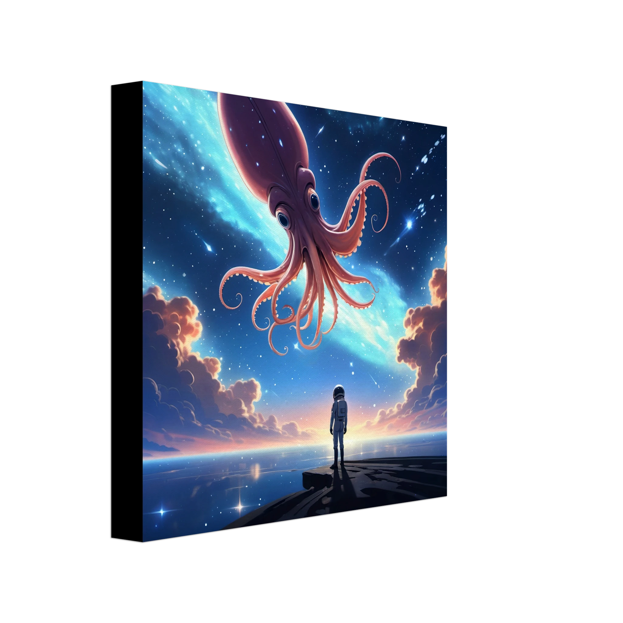 This is the 8" x 8" Star Maker Canvas Print by Lee Hansheng Studios. This is showcasing the canvas from the side to see the thickness. The illustration features a lone astronaut in white, standing on a dark surface gazing at a pink octo-squid alien, drifting through a sky. The sky is alive with stars, nebulae, and clouds. The clouds are drifting up at the right and left with pink/blue hues. The sky is a light blue and the drifting stars behind the animal is a light blue.