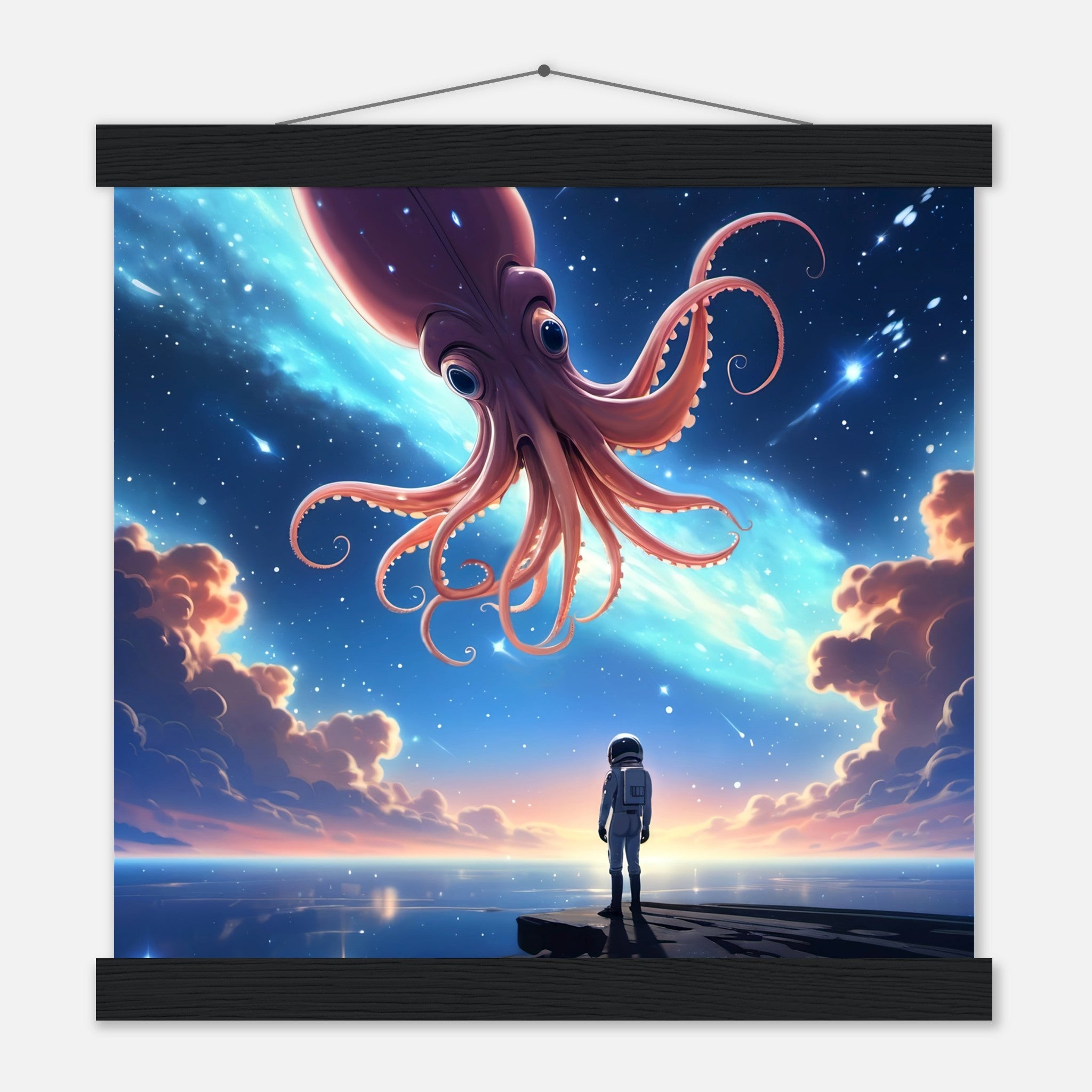 This is the Star Maker Poster with Hanger by Lee Hansheng Studios. This is showcasing the front that isn't as close up. Hanger is on both ends, black wood on the top and bottom. The illustration features an astronaut in white, standing on a dark surface gazing at a pink octo-squid alien, drifting through a sky. The clouds are drifting up at the right and left with pink/blue hues. The sky is a light blue and the drifting stars/nebulae behind the animal is a light blue. It is against a white background.