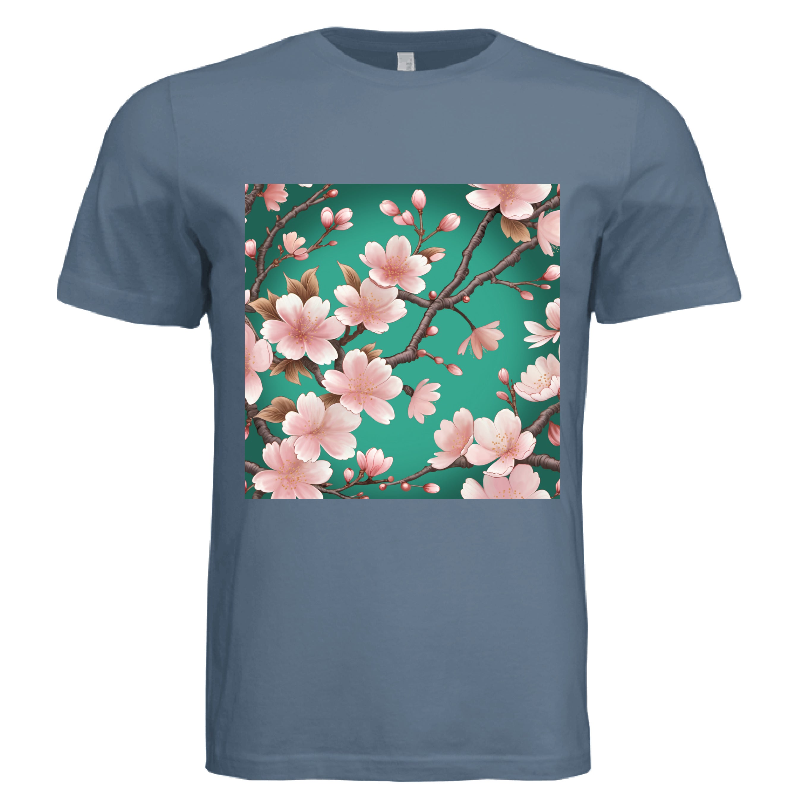 This is the Steel Blue Sakura T-Shirt by Lee Hansheng Studios. This is showcasing the front of the shirt. The illustration has a vibrant green background with soft pink cherry blossom blooms of petals on dark brown/grey branches celebrating hanami season. There are fully bloomed flowers and some buds throughout. The white size tag can be seen from the back. The image is from the chest to above the belly button. It is against a white background.