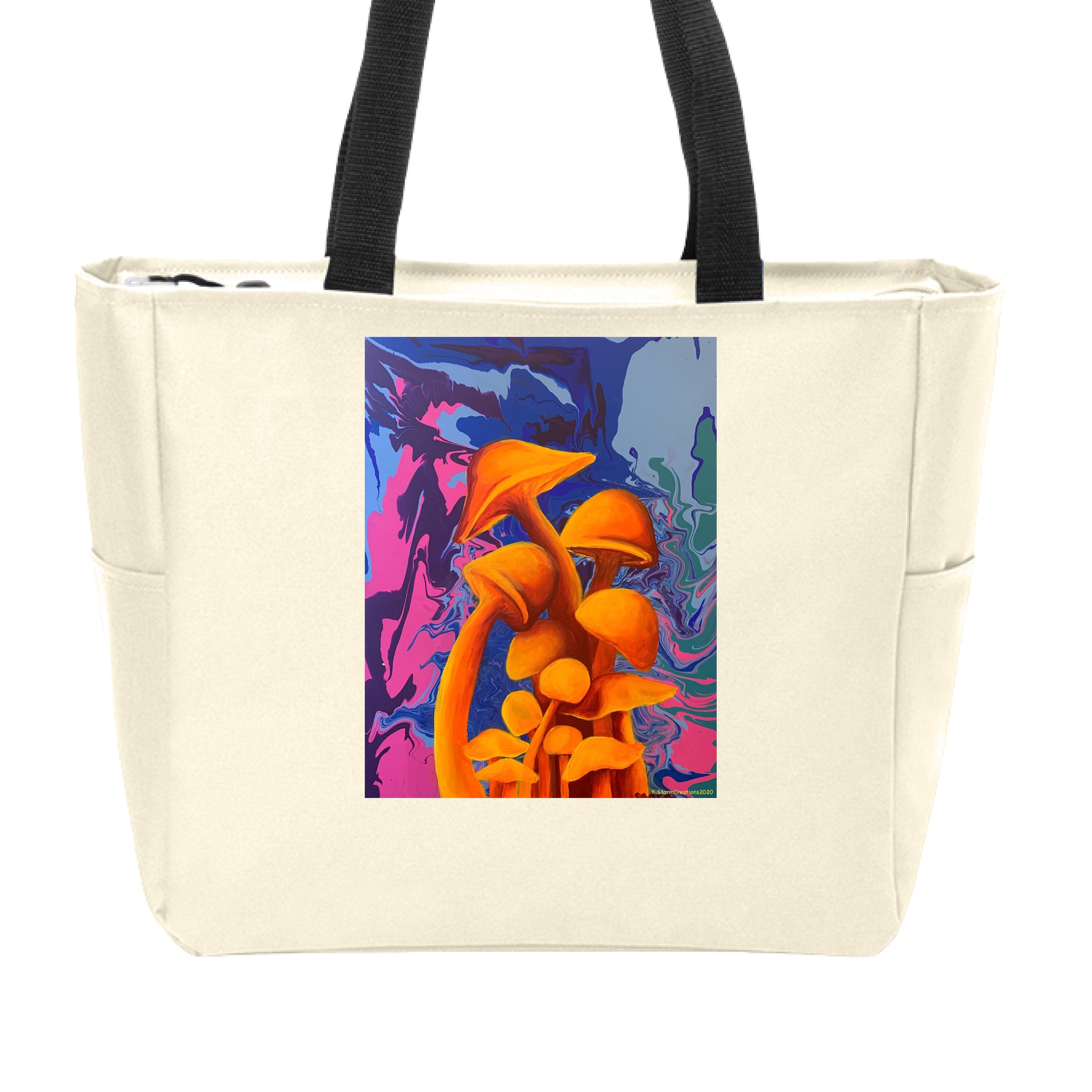 This is the Stone Mushroom Zip Tote by Storm Garden Studio. This is showcasing the front of the tote. The handles are black. The illustration is of 11 blazing orange fungis with a swirling background that includes blue, green, dark blue, purple and pink colors. The mushrooms are different shapes and sizes starting form the middle and reaching towards the top. It is against a white background.