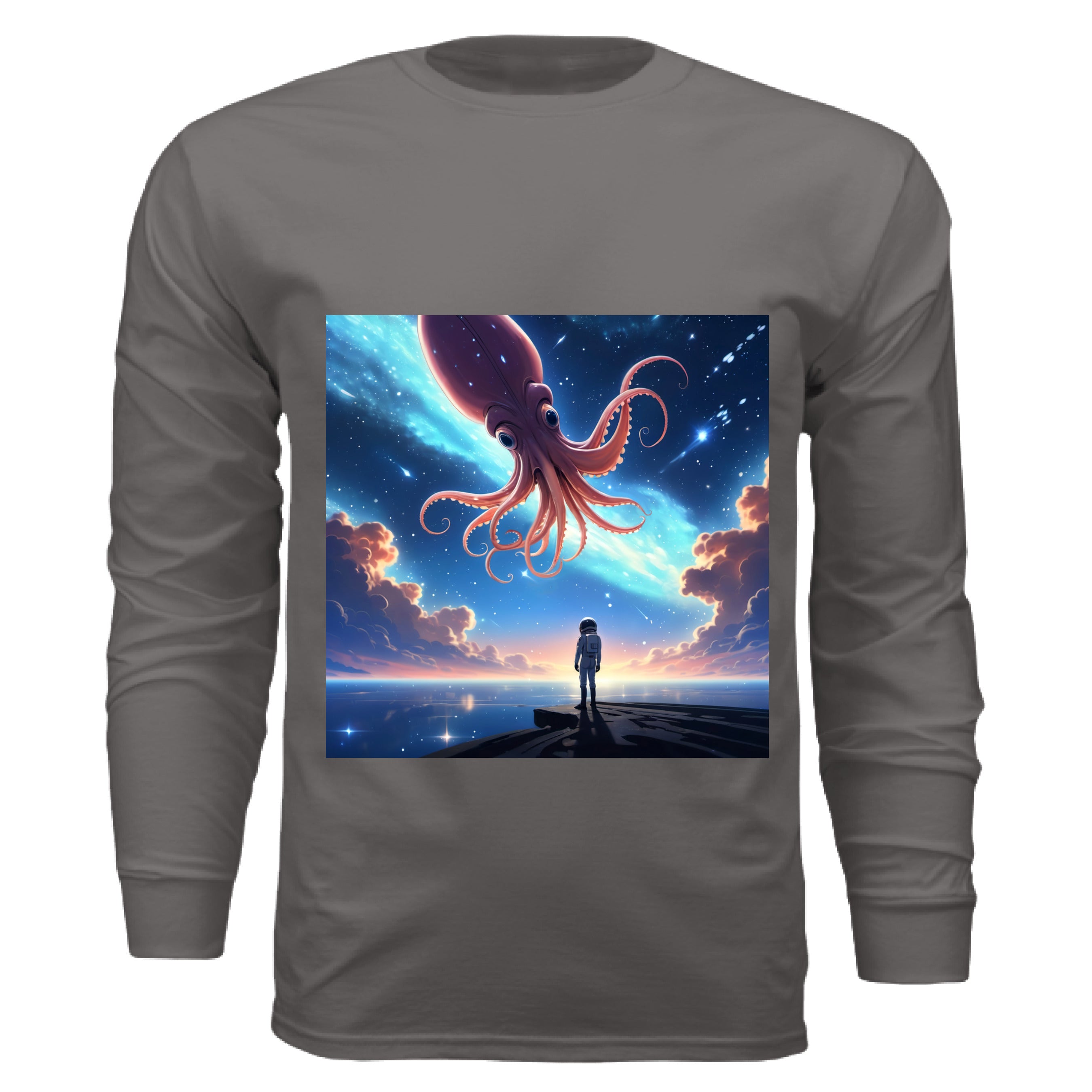 This is the Storm Star Maker Long Sleeve by Lee Hansheng Studios. The illustration features a lone astronaut in white, standing on a dark surface gazing at a pink octo-squid alien, drifting through a sky. The sky is alive with stars, nebulae, and clouds. The clouds are drifting up at the right and left with pink/blue hues. The sky is a light blue and the drifting stars behind the animal is a light blue. It is against a white background.