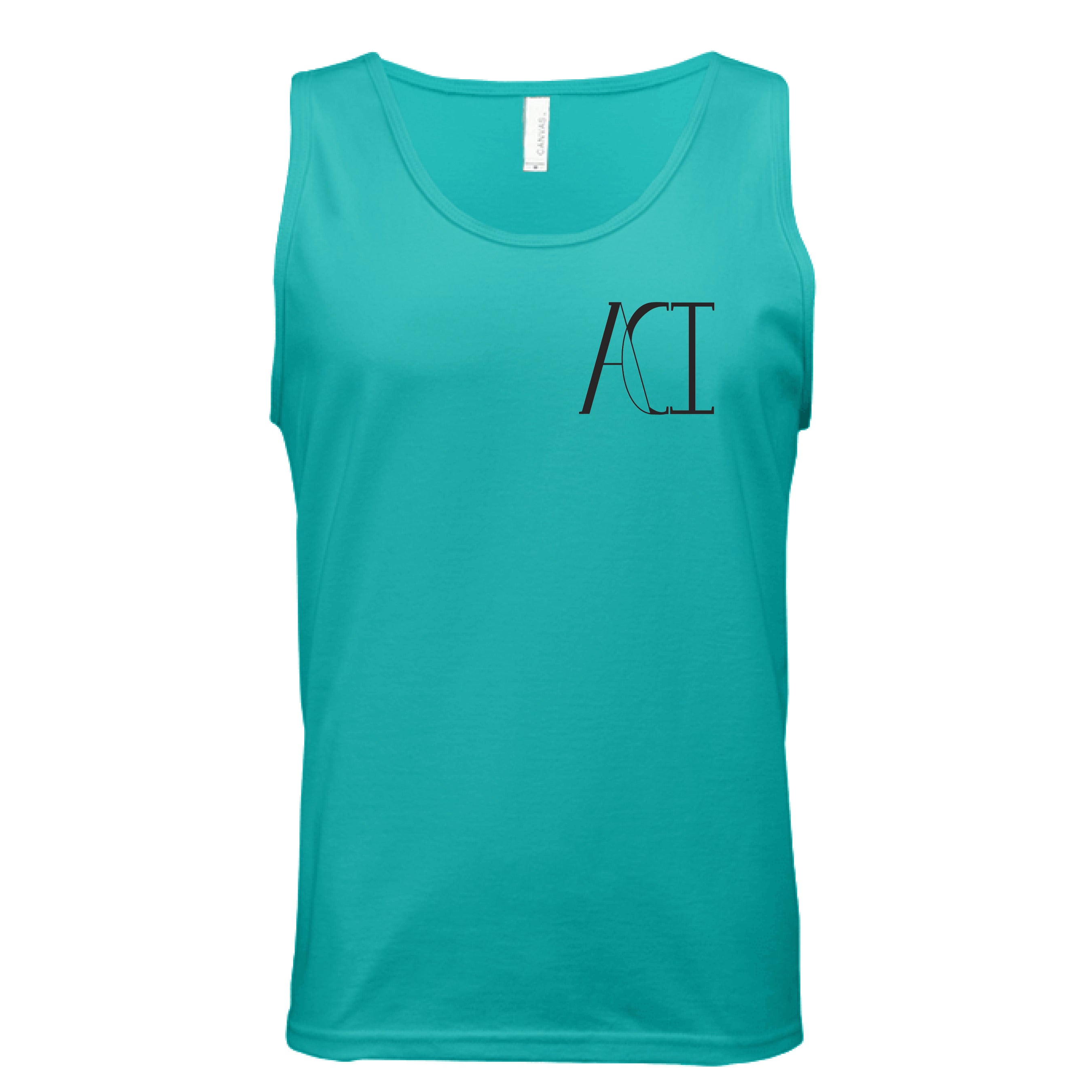 This is the Teal ACI Tank by the Art Collective International. This is showcasing the front of the tank. The image on the left breast pocket is of the ACI logo. It is printed in black and the size label can be seen on the back of the tank. The tank is against a white background.