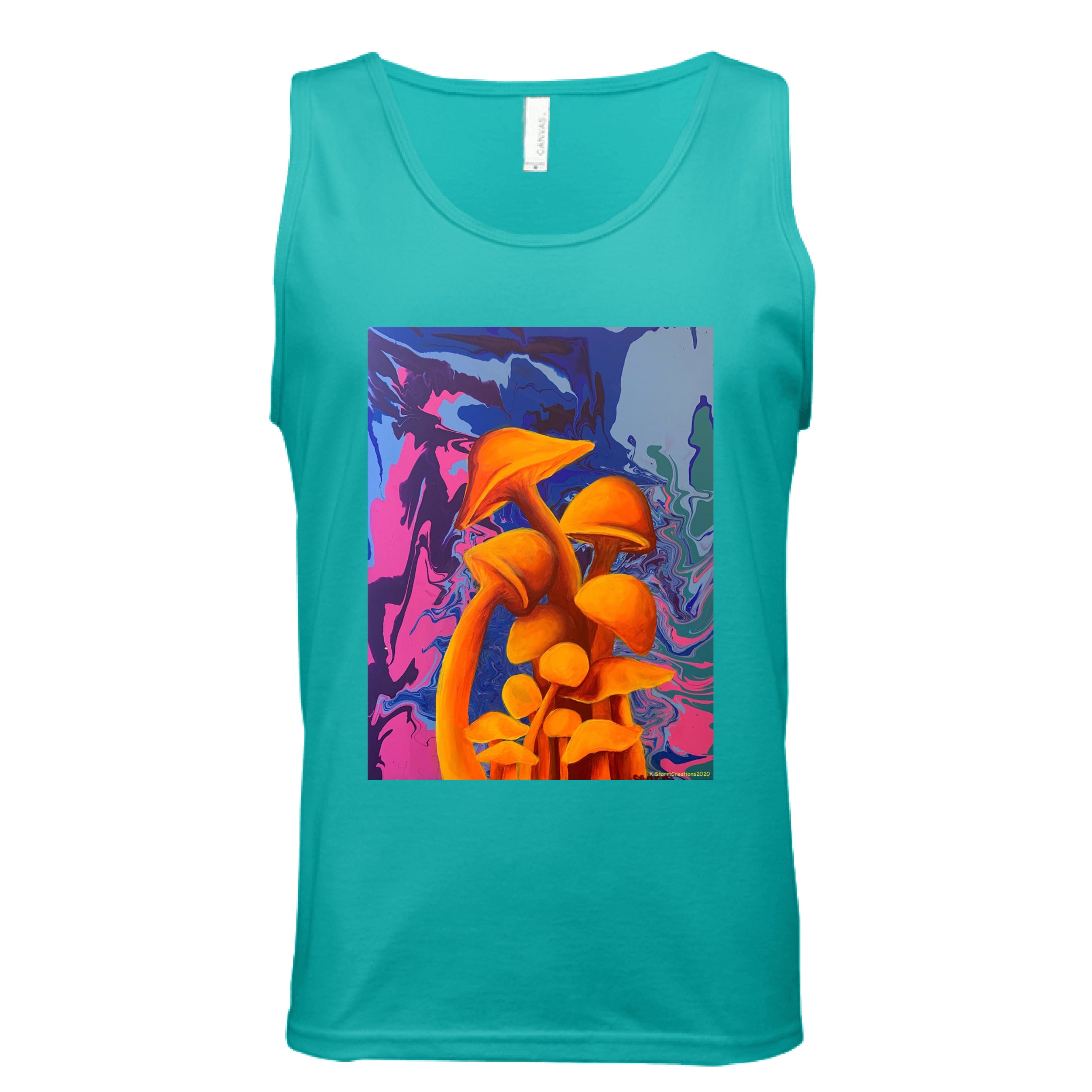 This is the Teal Mushroom Tank by Storm Garden Studio. This is showcasing the front of the tank. There are two drawstrings on the hood and a large pouch under the illustration. The illustration is of 11 blazing orange fungis with a swirling background that includes blue, green, dark blue, purple and pink colors. The mushrooms are different shapes and sizes starting form the middle and reaching towards the top. It is against a white background.