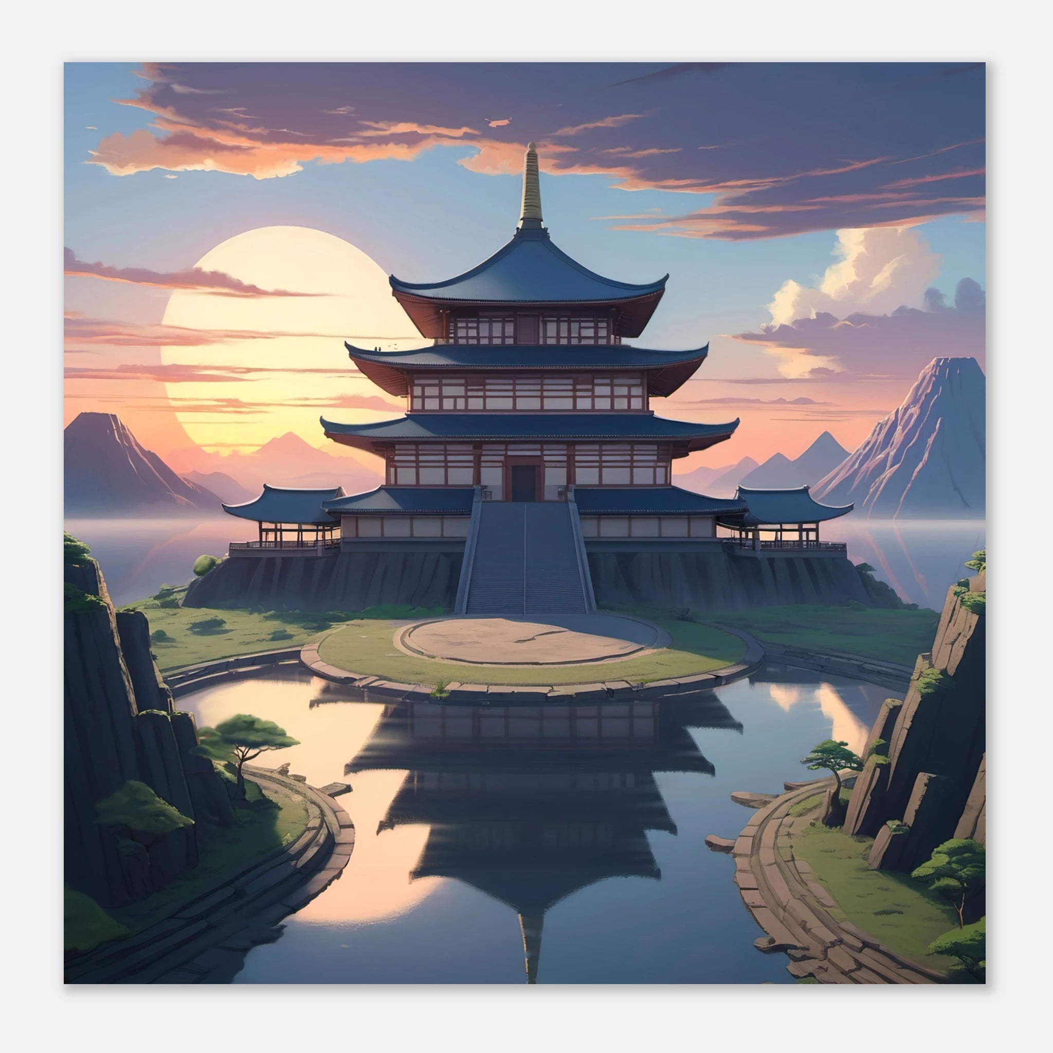 This is the 10" x 10" Temple of Solace Print by Lee Hansheng Studios. The illustration shows a grand temple with white walls, brown frames, blue roofs rises above still waters, its reflection perfectly mirrored in the lake as a soft sunset bathes the scene in gentle hues of peach, pink, and blue. Surrounded by mountains and vast skies in the background. It is against a white background.