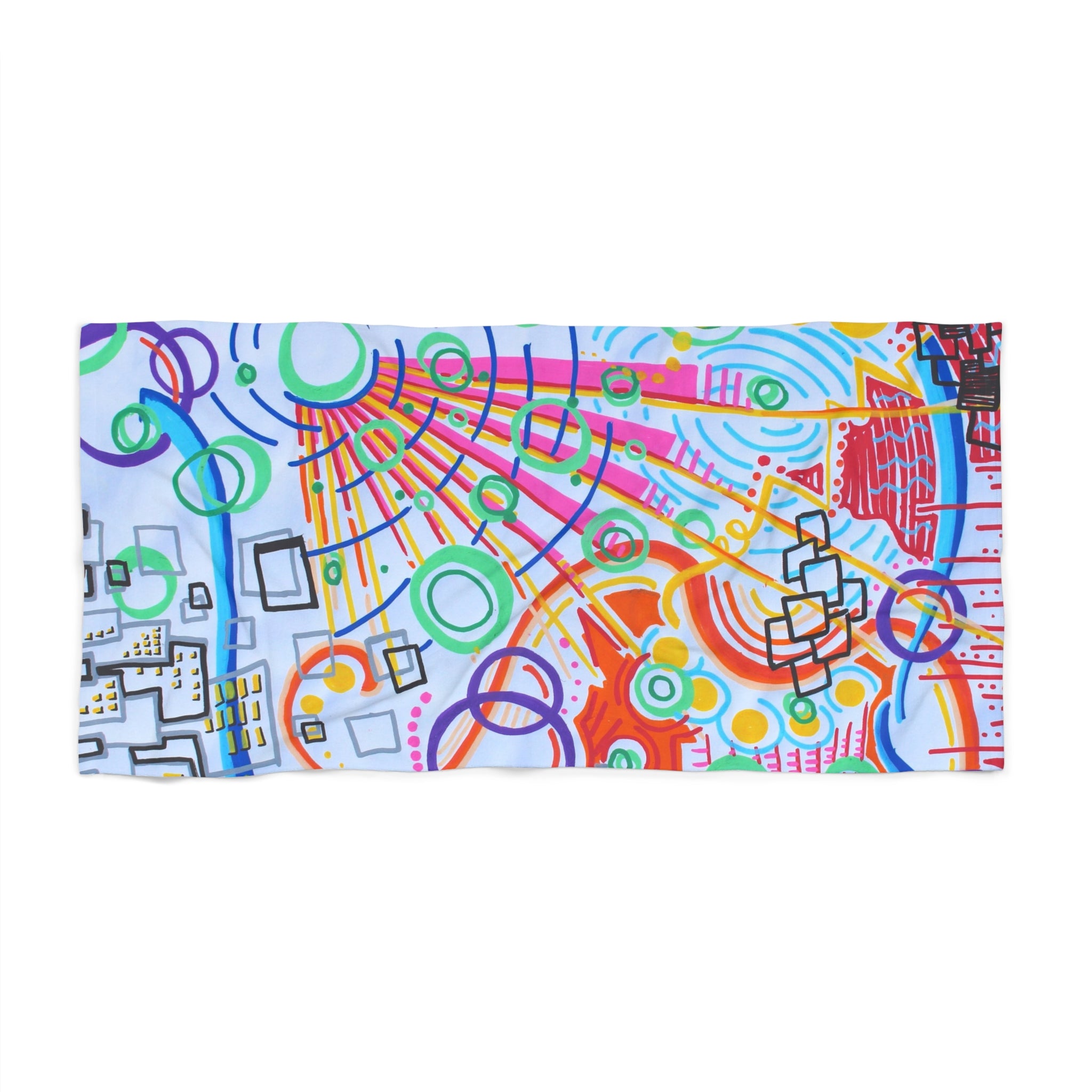 This is the 36" x 72" The City Beach Towel by Storm Garden Studio. The illustration is rectangular shaped and has a multitude of colors like blue, red, pink, yellow, green and light blue. It is an abstract image with building shapes, circles and squiggles. The towel is against a white background and showcases the front.