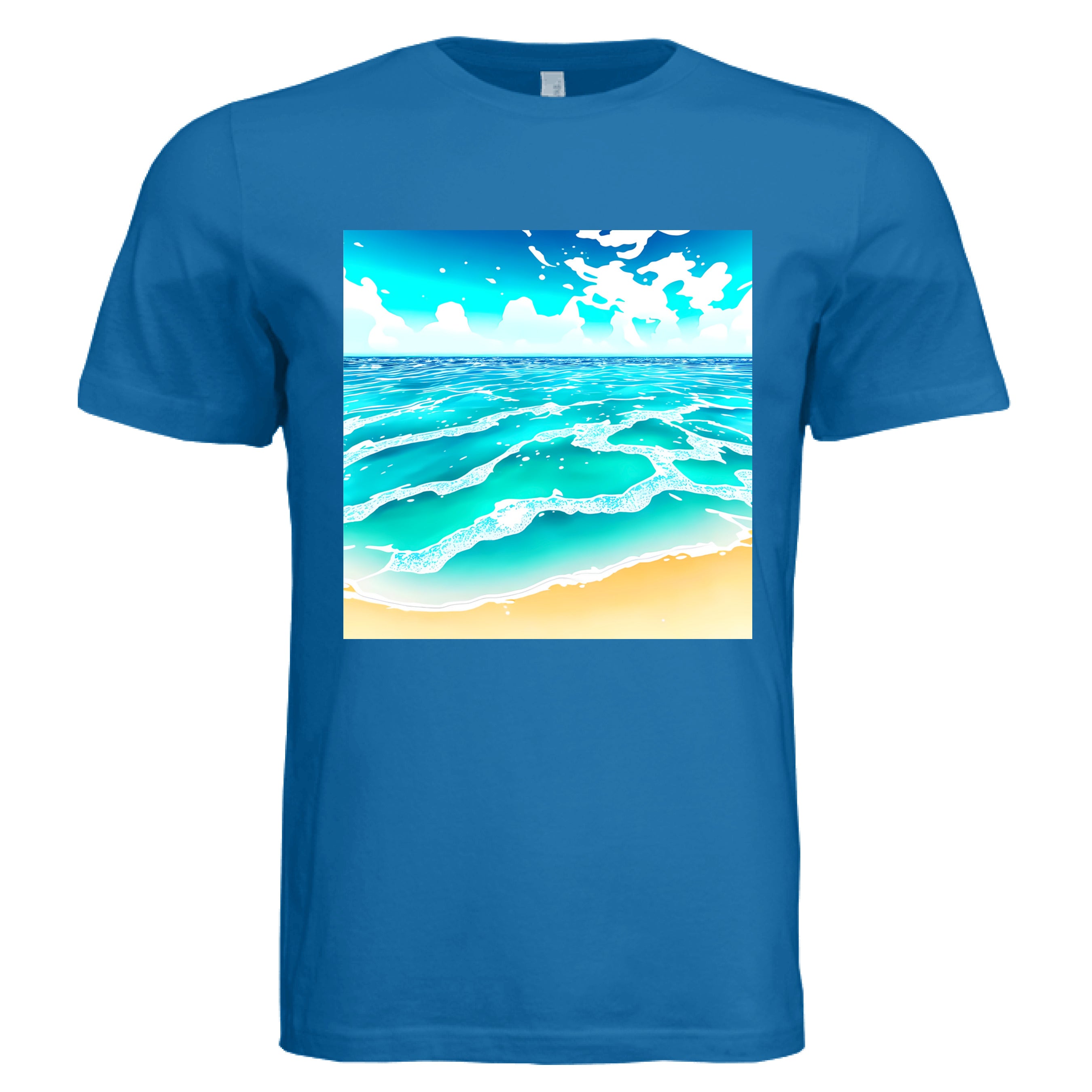 This is the True Royal Beach Life T-Shirt by Lee Hansheng Studios. This showcases the front of the shirt. The squared illustration captures rolling turquoise waves, crisp white foam, and a stretch of golden sand under a brilliant blue sky that has clouds floating in the horizon. The sky is a gradient from light blue to darker blue. The shirt is against a white background.