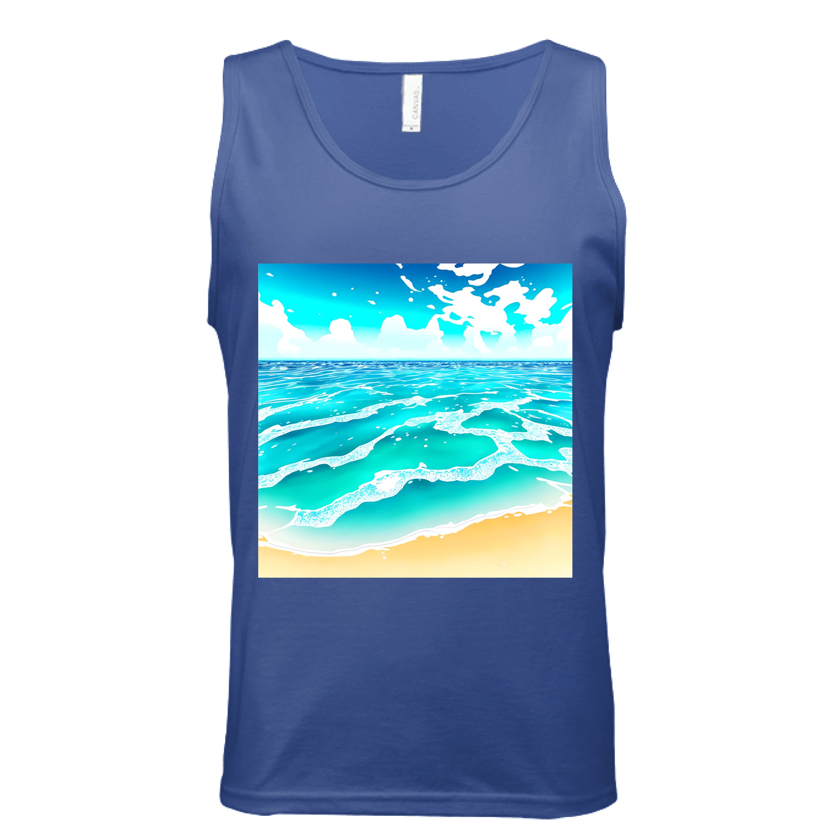 This is the True Royal Beach Life Tank by Lee Hansheng Studios. This showcases the front of the tank. The squared illustration captures rolling turquoise waves, crisp white foam, and a stretch of golden sand under a brilliant blue sky that has clouds floating in the horizon. The sky is a gradient from light blue to darker blue. The tank is against a white background.
