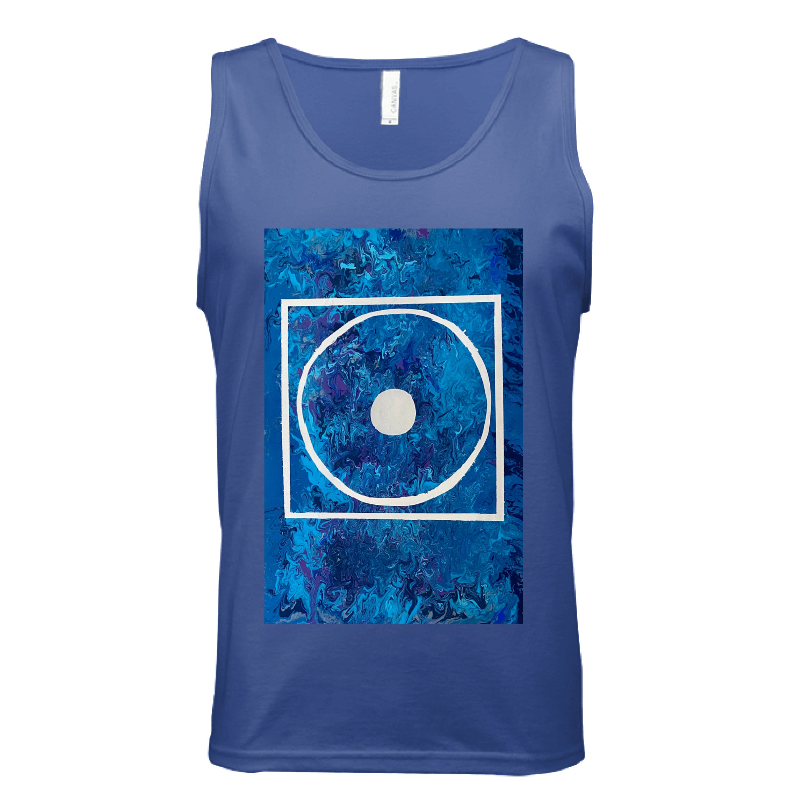 This is the True Royal Big Low Tank by Storm Garden Studio. This is showcasing the front of the tank. The illustration is rectangular and has a white filled in dot, within a outlined circle, within a outlined rectangle. The background is a mix and dip of different blues. It is against a white background.