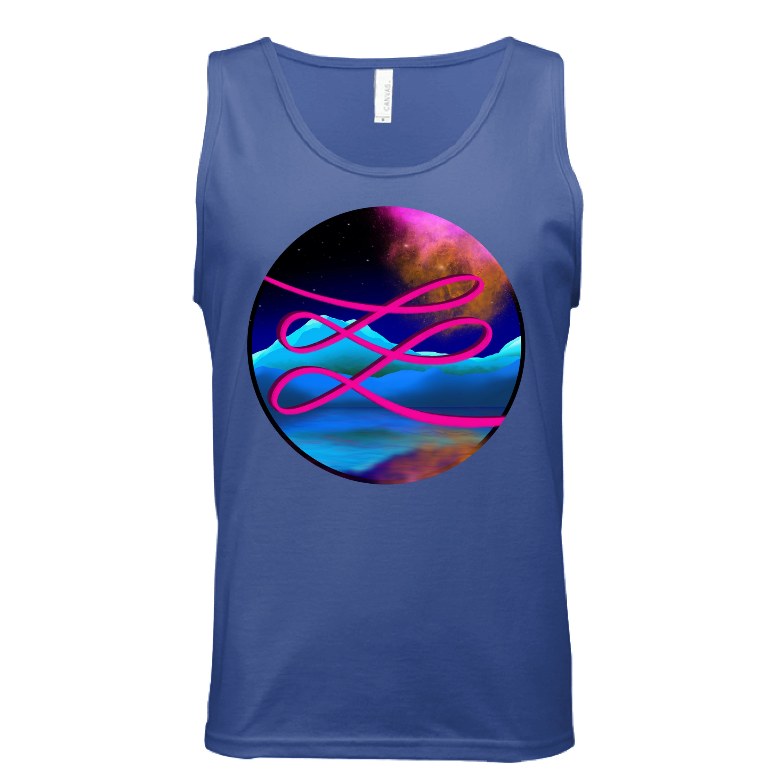 This is the True Royal Calligraphers Swirl Tank by Lee Hansheng Studios. This is showcasing the front. The illustration is circular and has a neon pink handwritten lines across the whole art. The background is a cosmic drop with blue mountains, galaxy like sky with dark purple, pink and orange colors. It is against a white background.