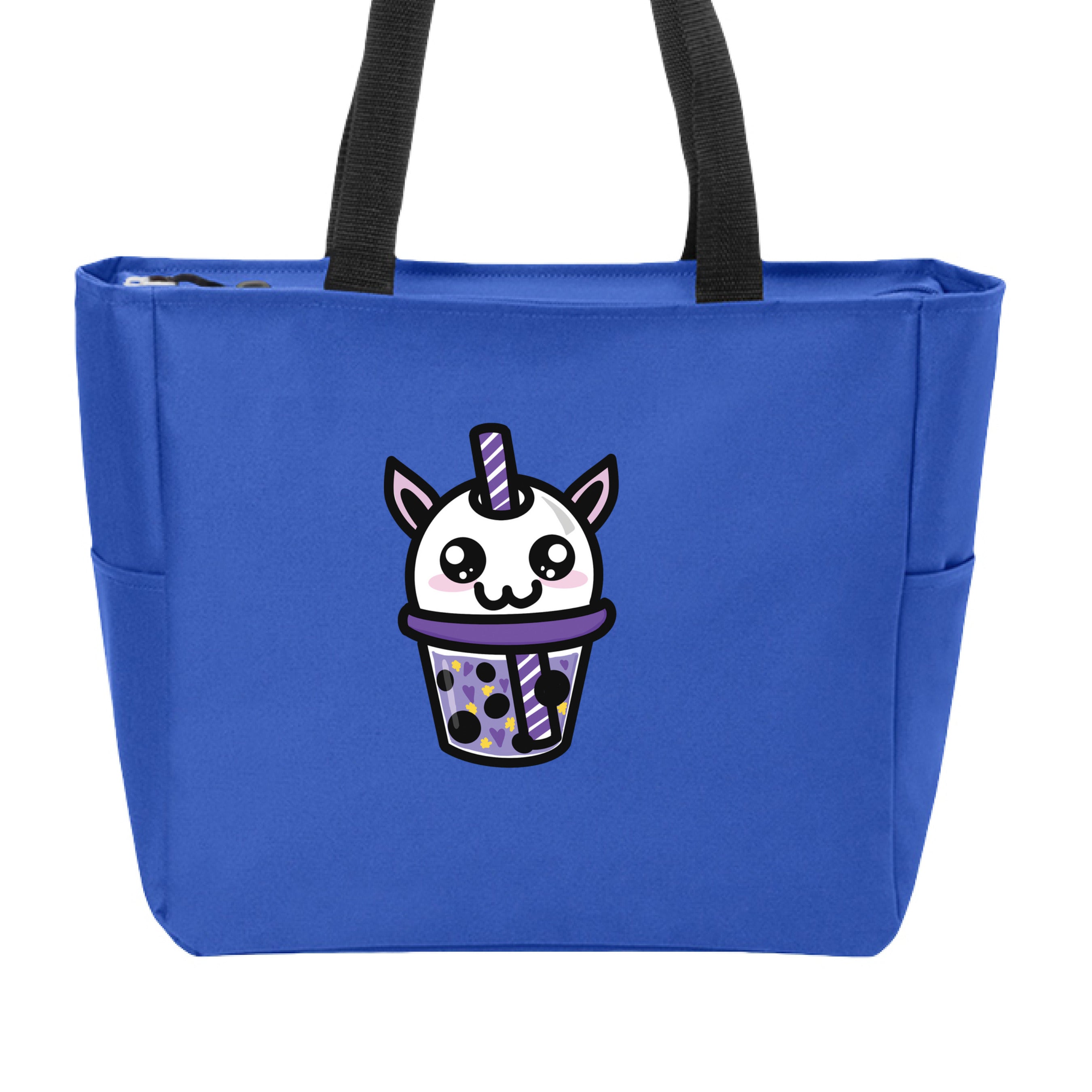 This is the True Royal Cryptid Boba Zip Tote by Dazzle & Daggers Design. This is showcasing the front and the handles are black. The Cryptid Boba is white, has cute light pink oval cheeks under big black and white sparkly eyes. It's mouth is in the shape of the number 3, purple and white swirl straw. In the glass is purple liquid, black boba, yellow stars and purple hearts. The tote is against a white background.
