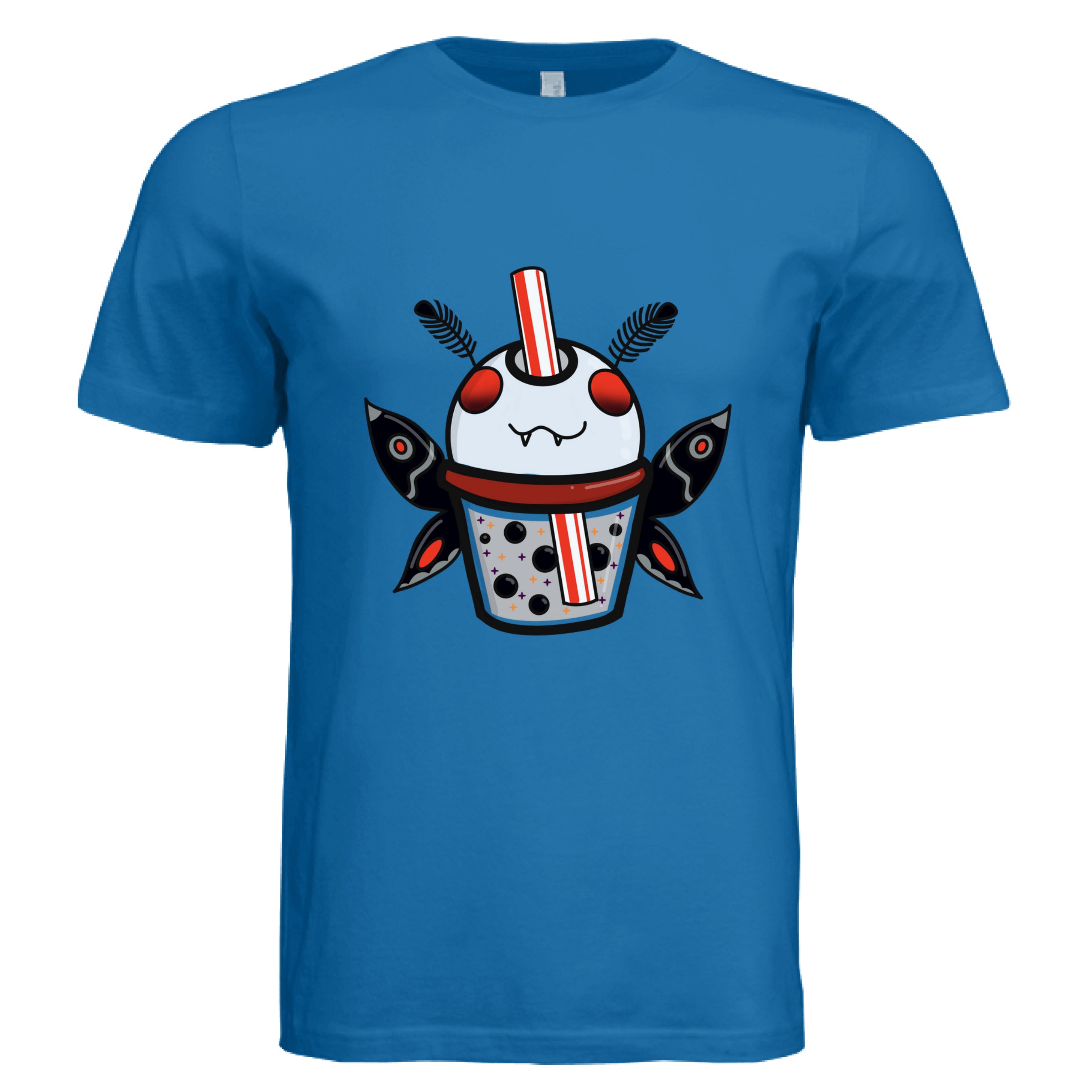 This is the True Royal Mothman Boba T-Shirt by Dazzle & Daggers Design. This is showcasing the front of the shirt. There is an illustration of a moth boba that is gray, red eyes, inside the glass is gray with black boba, red dots, black, red, gray both wings and fluffly black antennas, red and white striped straw. It is against a white background.